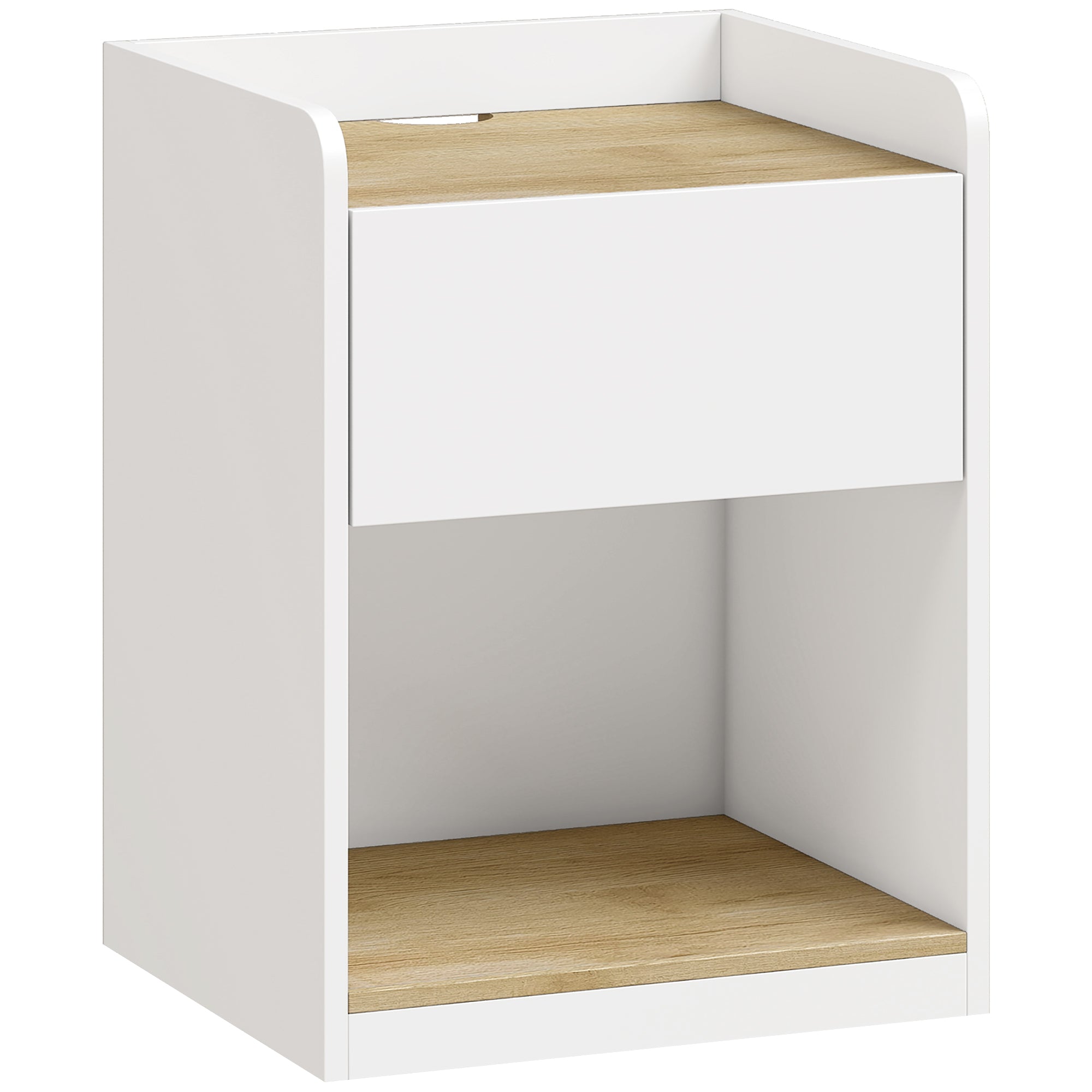 HOMCOM Modern Bedside Table, Slim Nightstand with Drawer, Shelf and Cable Holes, White and Oak