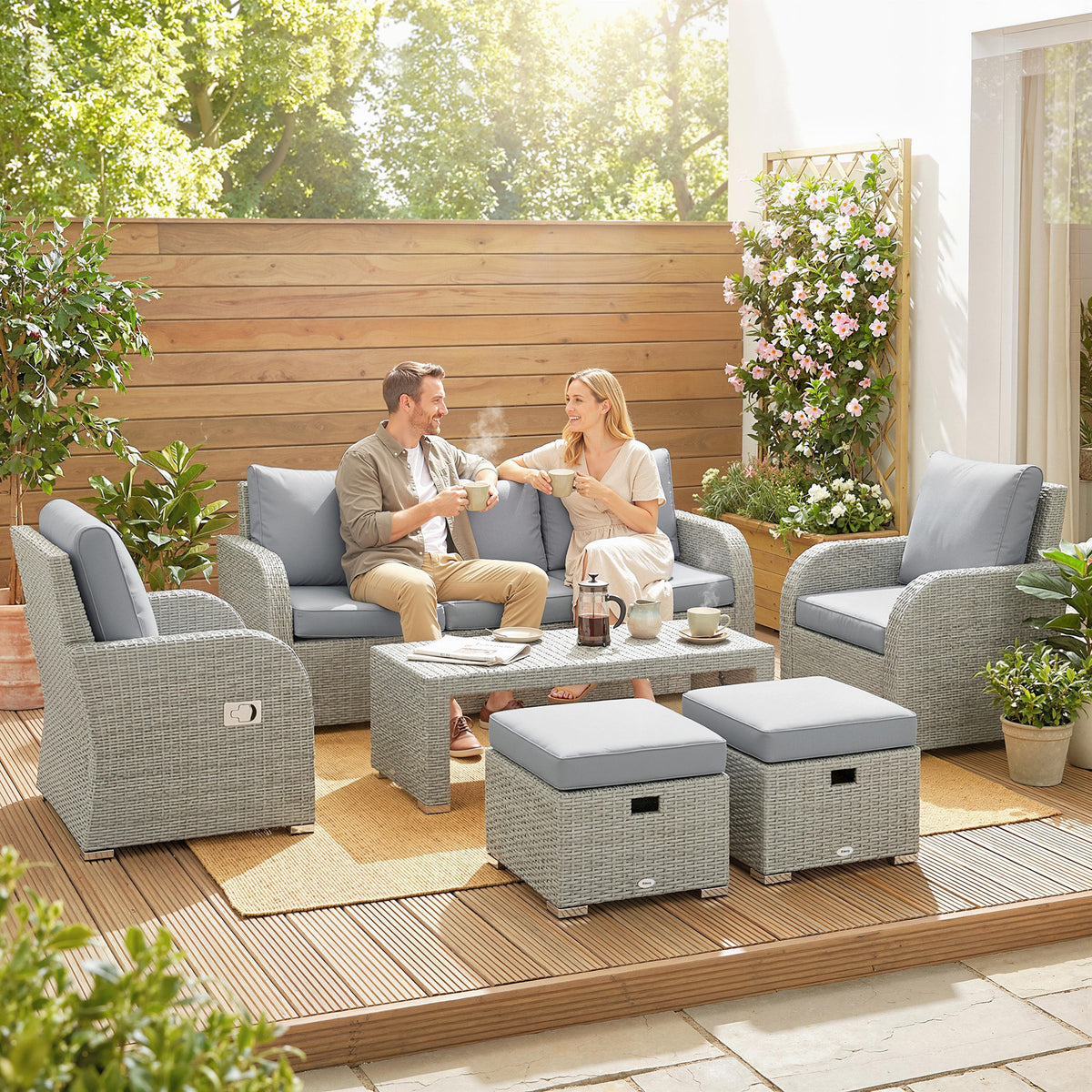 Outsunny Six-piece Rattan Garden Furniture Set with Reclining Armchairs - Dark Grey