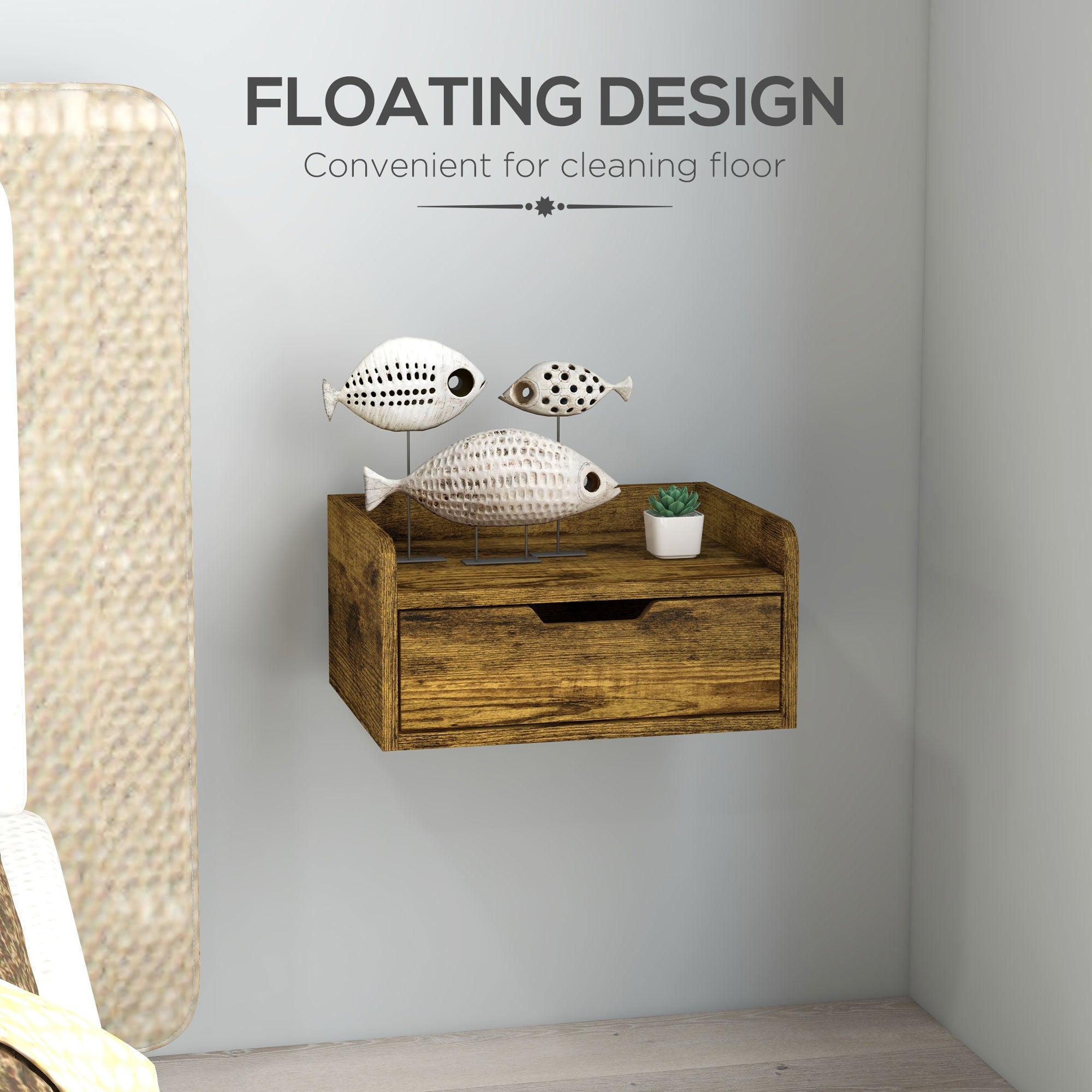 HOMCOM Floating Nightstand Set of 2 Wall Mounted Bedside Table with Storage Drawer for Bedroom, Rustic Brown - North Peak Garden Furniture