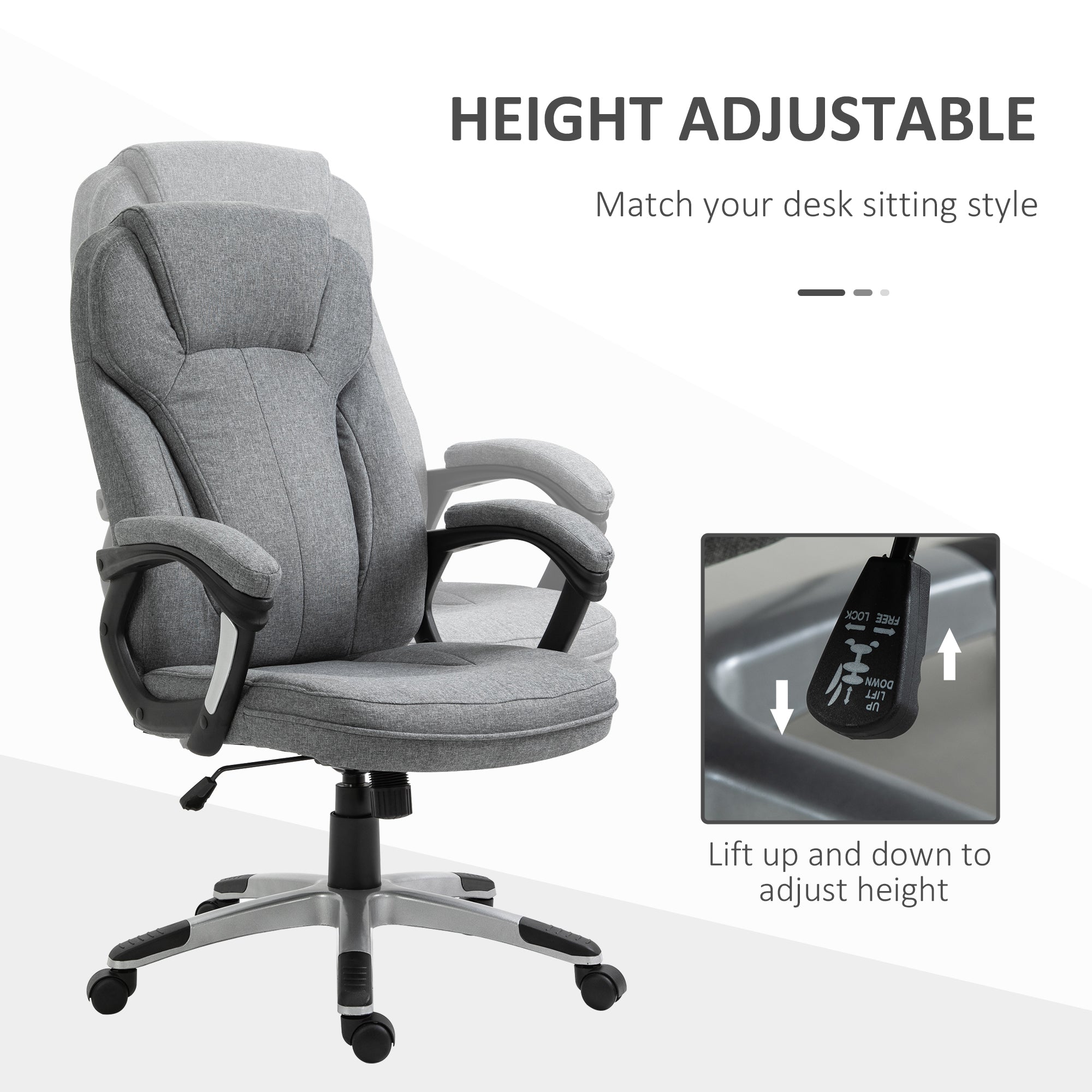 Vinsetto Office Chair, Linen Fabric Desk Chair, Height Adjustable Computer Chair with Padded Armrests, Swivel Wheels and Tilt Function, Grey - North Peak Garden Furniture