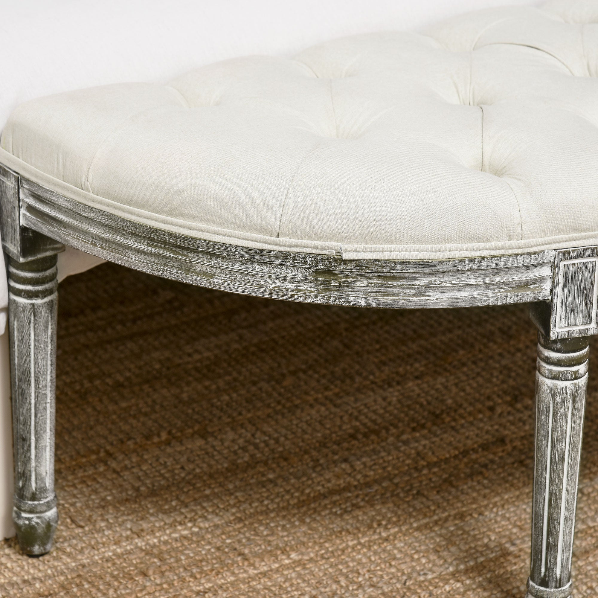 HOMCOM Half-Circle End Bench Ottoman Footstool Tufting Padded Seat Brushed Wood Base Antique Accents Home Seat Furniture Cream White and Light Wood Grain Leg - North Peak Garden Furniture