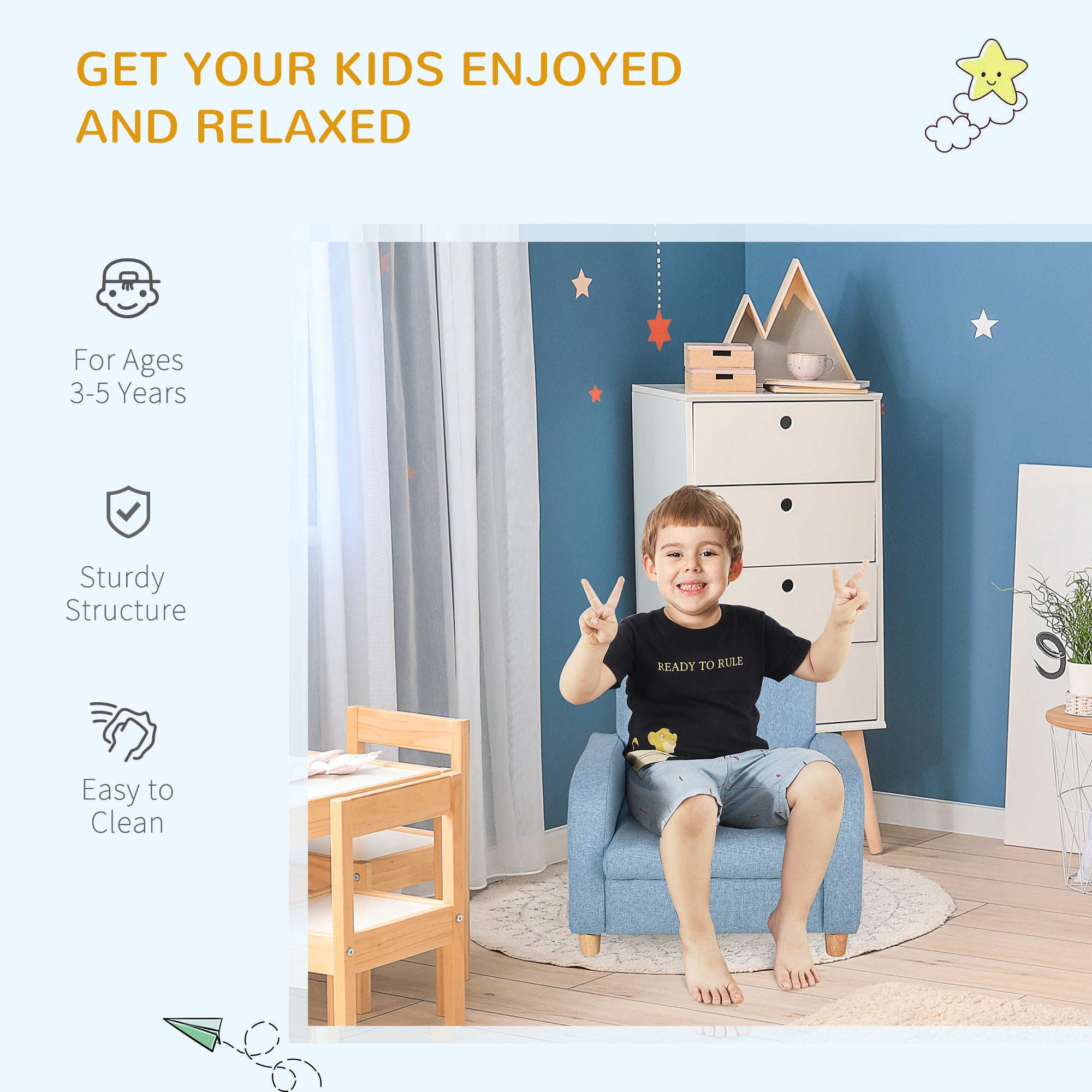 HOMCOM Children's Armchairs Toddler Chair Wood Frame Anti-Slip Legs High Back Bedroom Playroom Furniture Blue - North Peak Garden Furniture