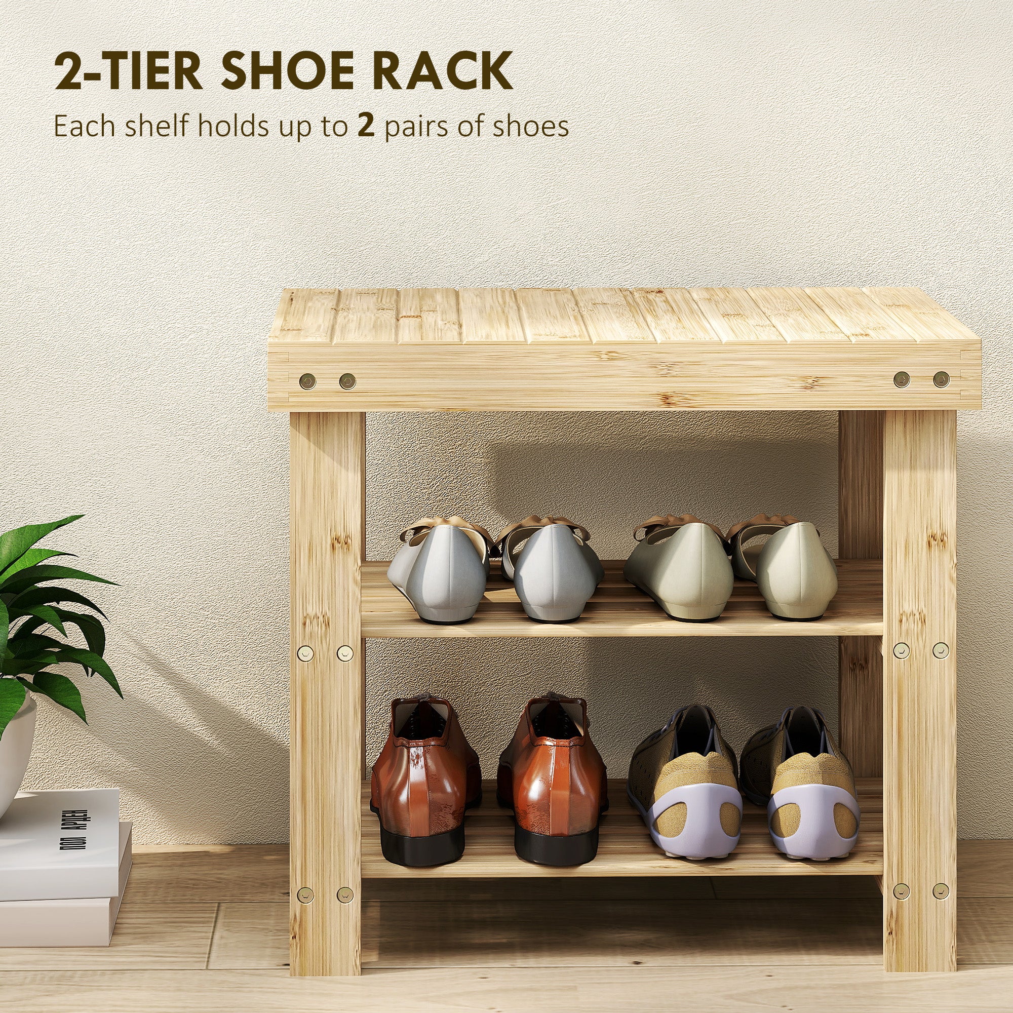 HOMCOM Two Shelf Bamboo Shoe Storage Bench - Natural Finish