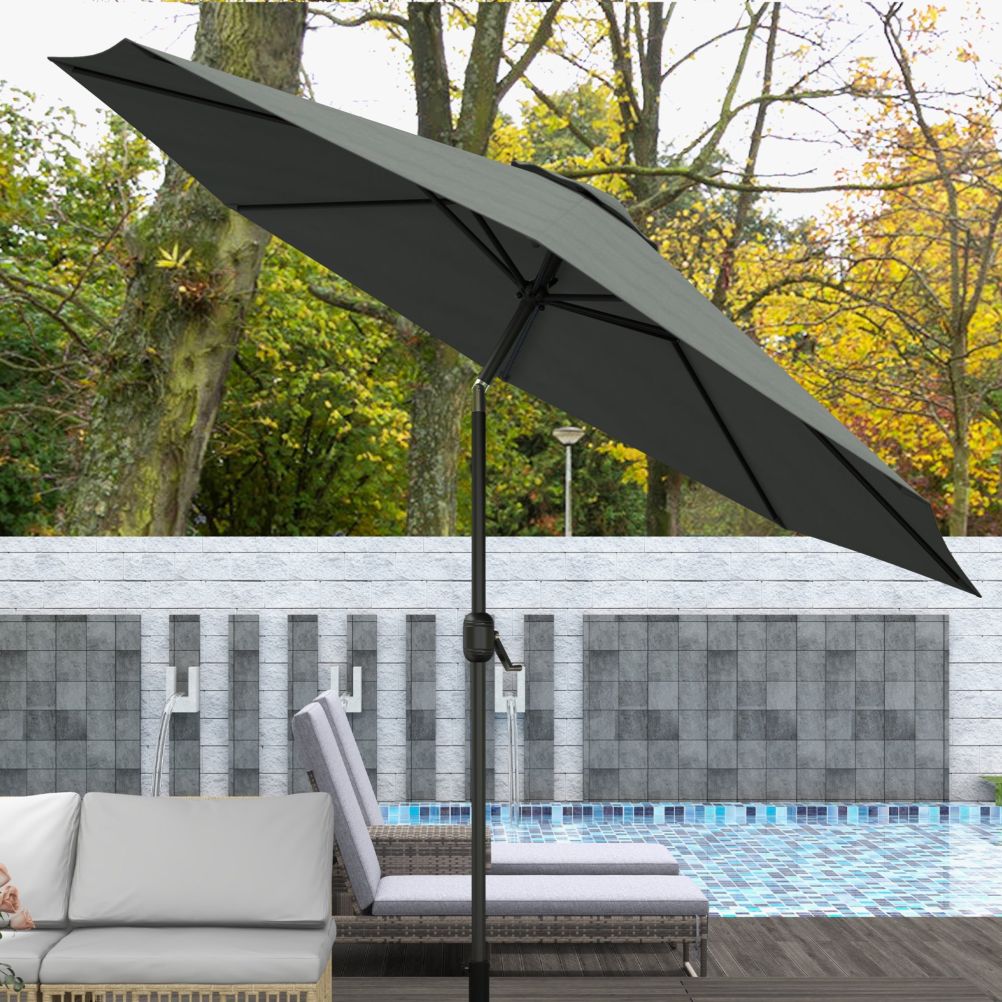 Outsunny 3(m) Tilting Parasol Garden Umbrellas, Outdoor Sun Shade with 8 Ribs, Tilt and Crank Handle for Balcony, Bench, Garden, Dark Grey - North Peak Garden Furniture