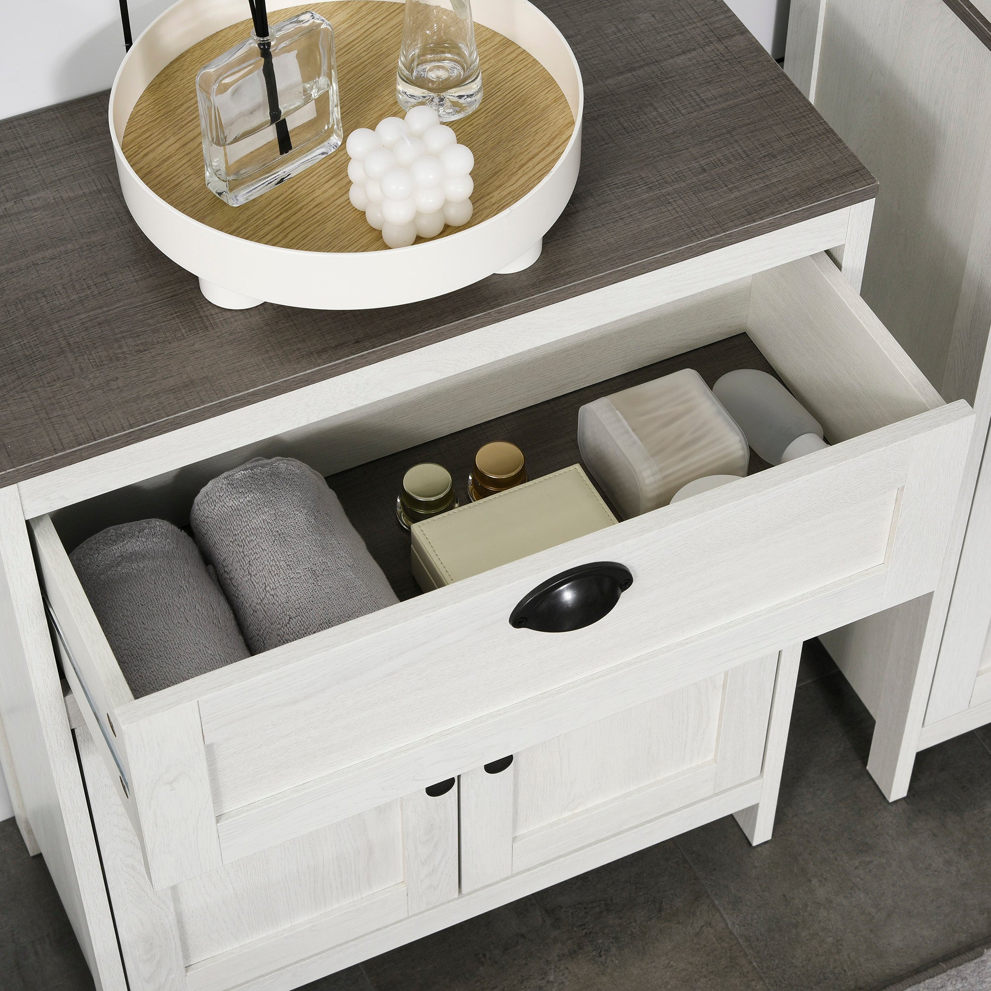 kleankin Bathroom Furniture Set with Adjustable Shelves, 6-Tier Tall Bathroom Storage Cabinet, Floor Cabinet with Drawer, Under Sink Cabinet, Antique White - North Peak Garden Furniture