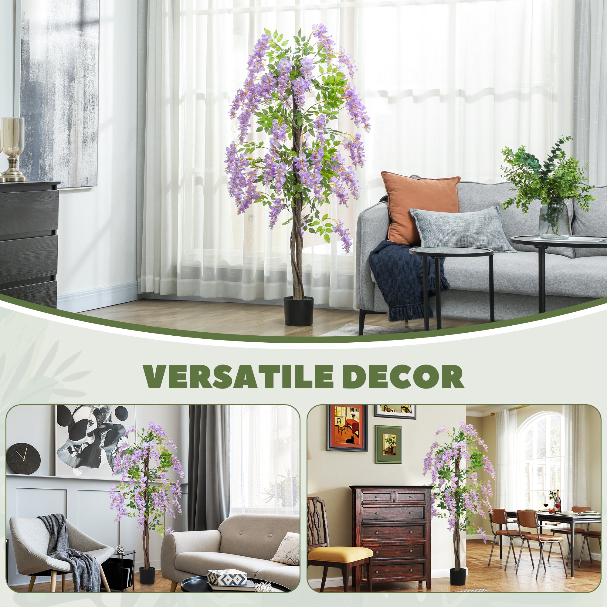 HOMCOM Artificial Wisteria Flower, Tall Fake Plant with 756 Leaves and 54 Flowers in Pot, Decorative Artificial Plant for Home Indoor Decor, 180 cm, Purple - North Peak Garden Furniture