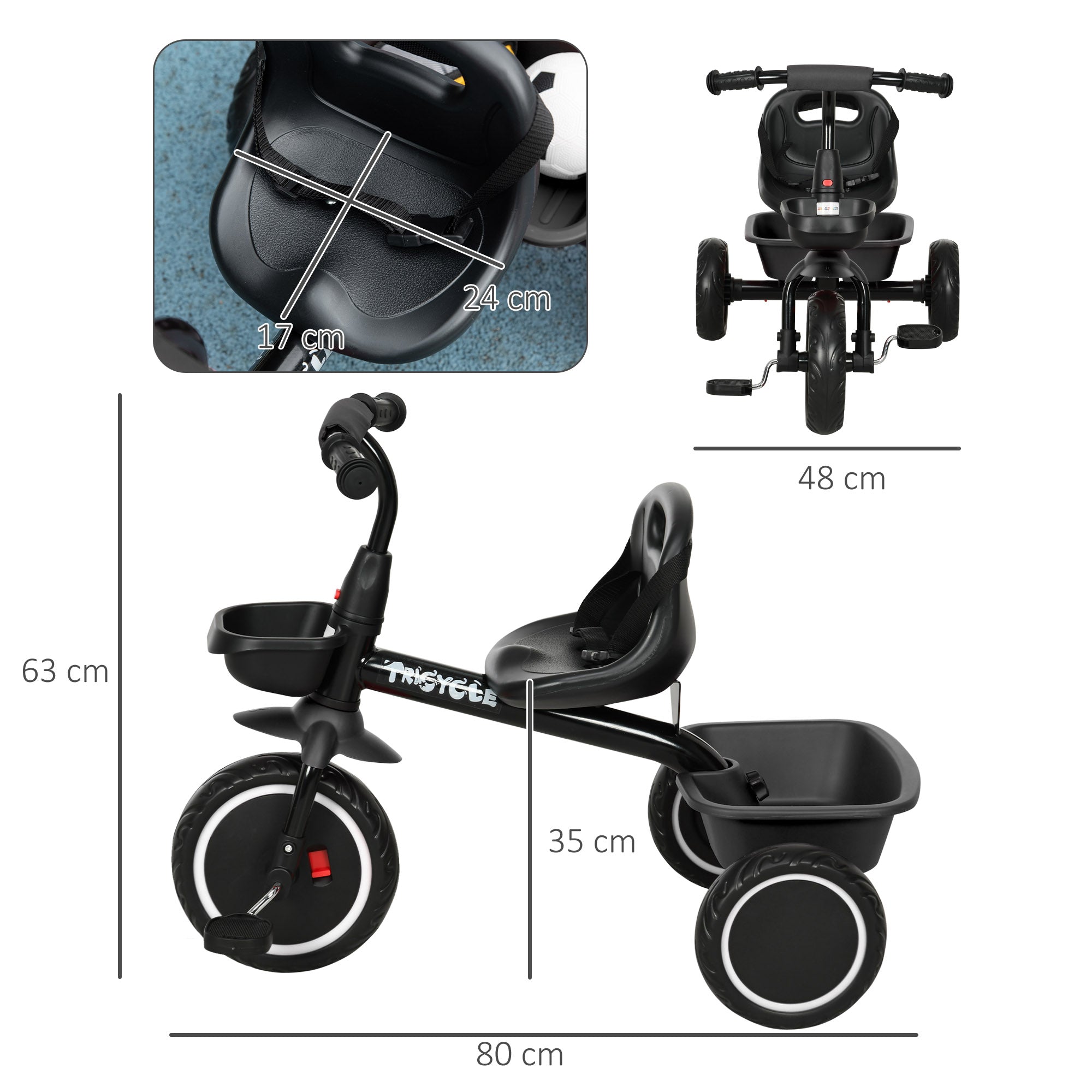 AIYAPLAY Kids Trike for 2-5 Years with Adjustable Seat, Pedal, Baskets, Black - North Peak Garden Furniture