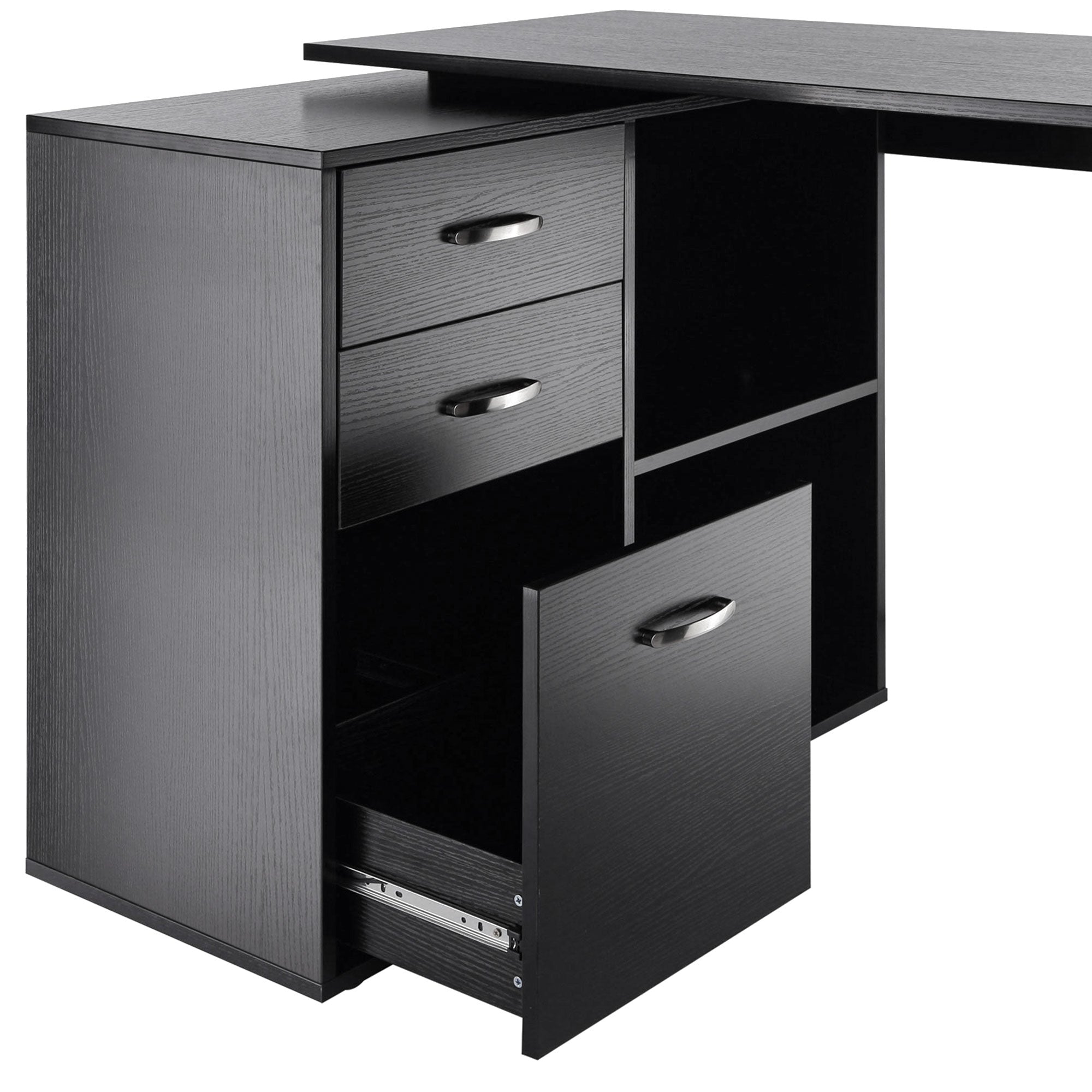 HOMCOM L-Shaped Computer Desk, 2 Shaped Corner Desk with Drawers, File Cabinet and Storage Shelves, Home Office Desk, 117 x 83.5 x 76cm, Black - North Peak Garden Furniture