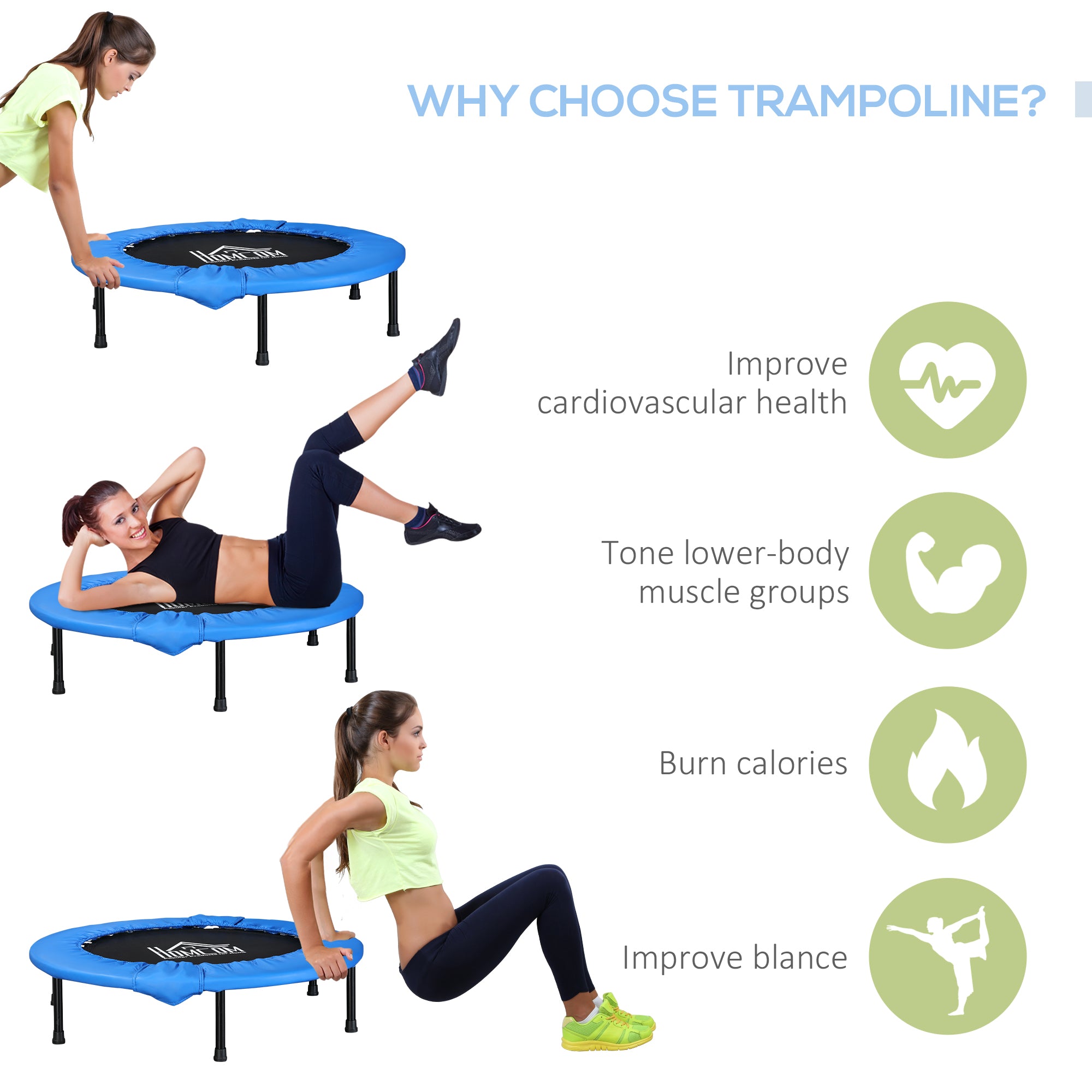 HOMCOM Φ96cm Mini Fitness Trampoline Home Gym Yoga Exercise Rebounder Indoor Outdoor Jumper w/ Safety Pad, Support Up to 100 KG, Blue and Black - North Peak Garden Furniture