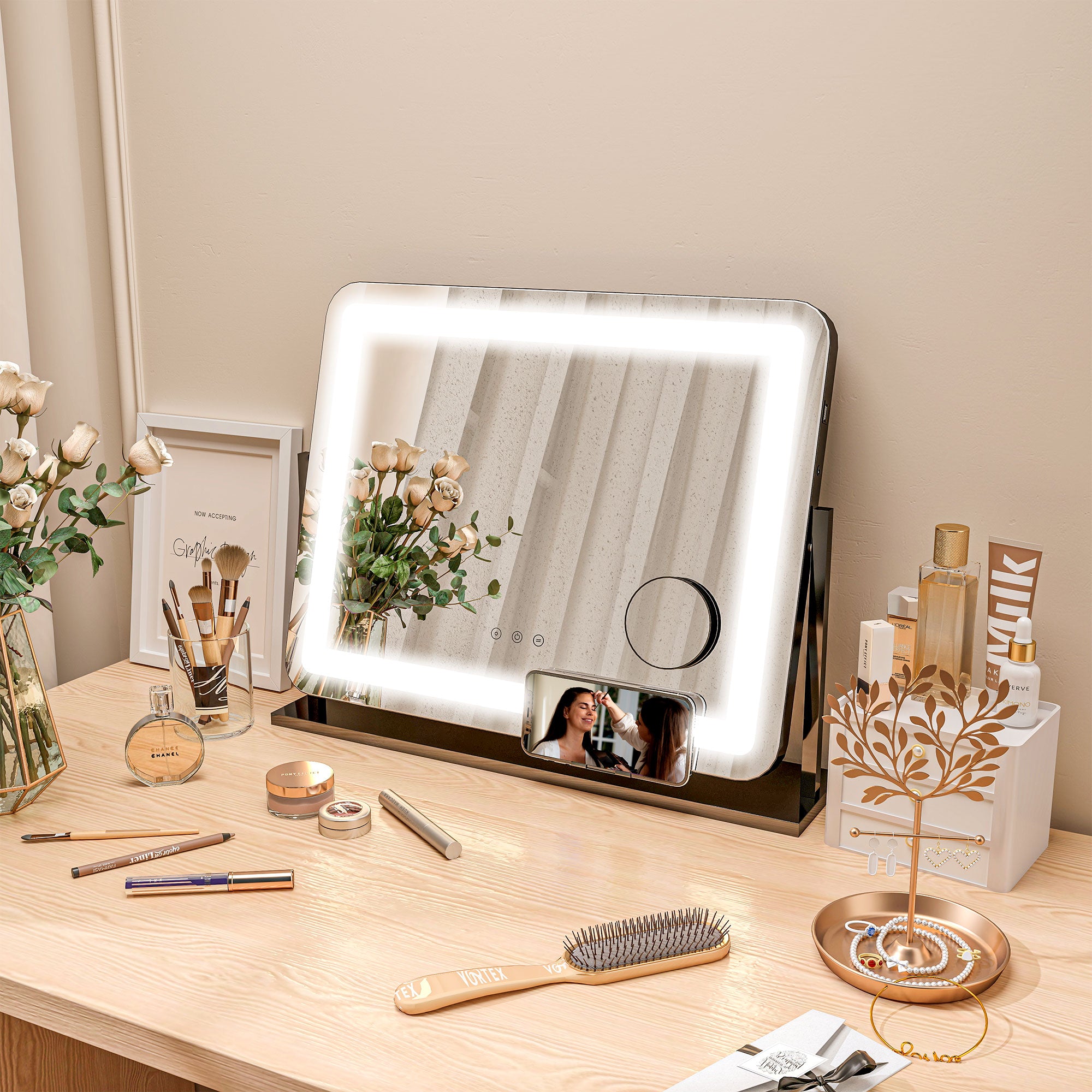 HOMCOM LED Light Tabletop Makeup Mirror, with Adjustable Settings - North Peak Garden Furniture