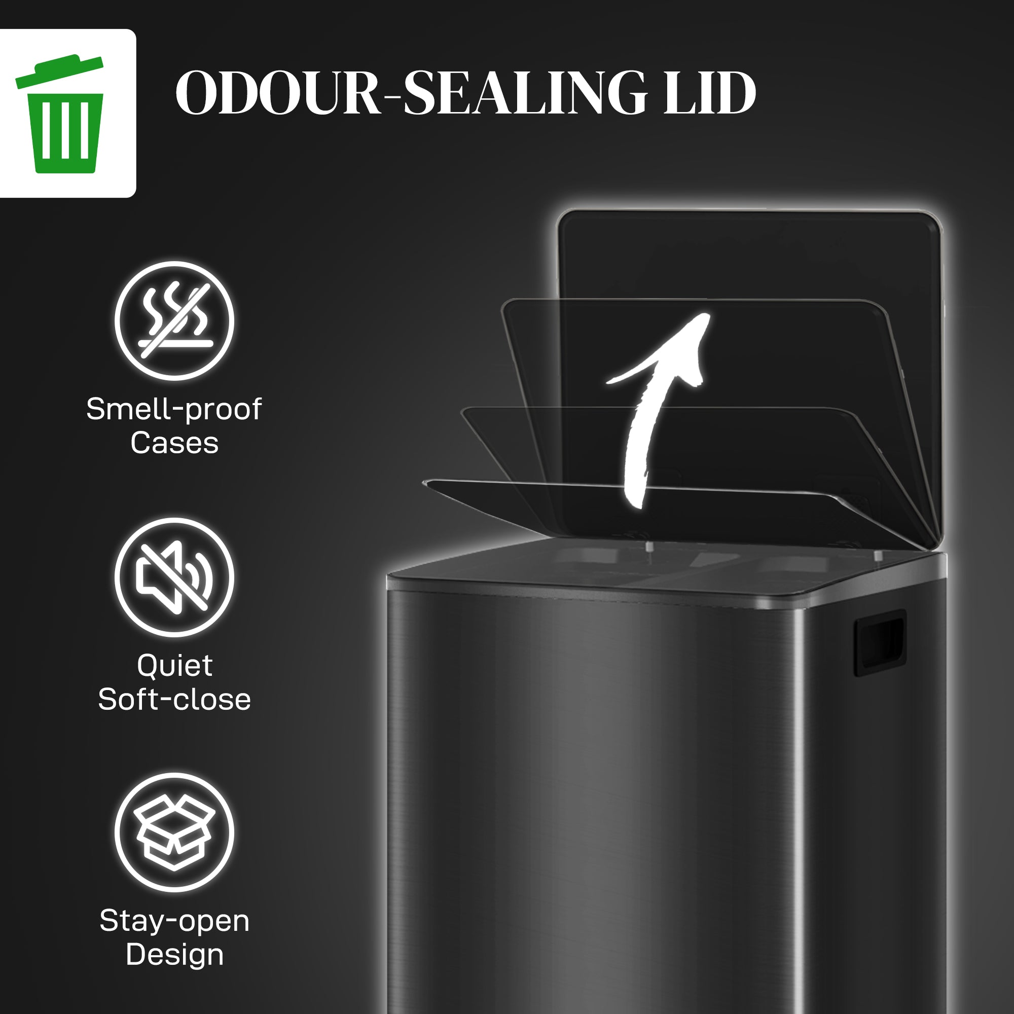 HOMCOM 60L Dual Compartment Stainless Steel Bin, with Deodoriser Holders - Black - North Peak Garden Furniture