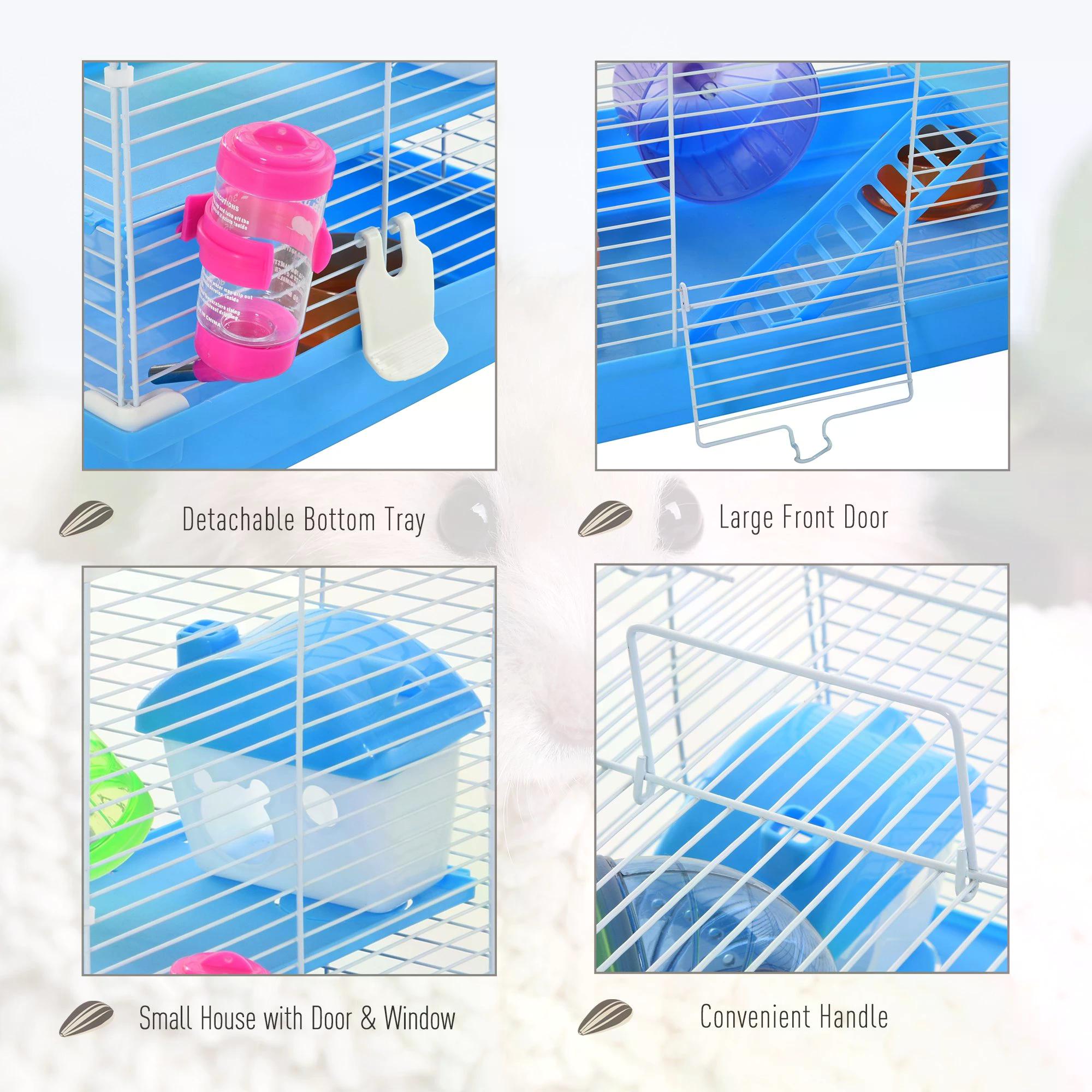 Pawhut 2 Tier Hamster Cage Carrier Habitat Small Animal House with Exercise Wheels Tunnel Tube Water Bottle Dishes House Ladder for Dwarf Mice, Blue