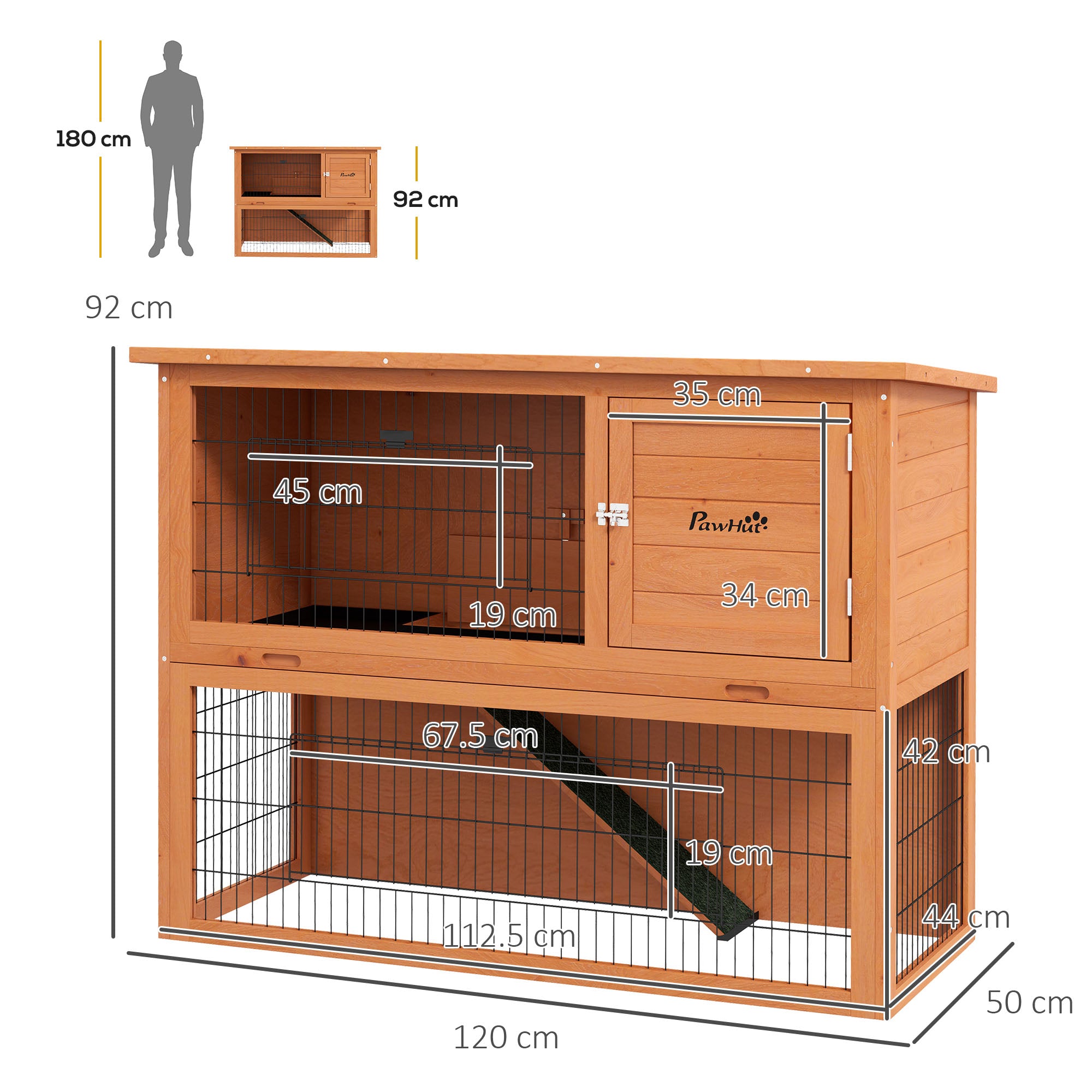 PawHut Two-Tier Antiseptic Wood Rabbit Hutch, 92cm Guinea Pig Hutch with Run - Orange - North Peak Garden Furniture