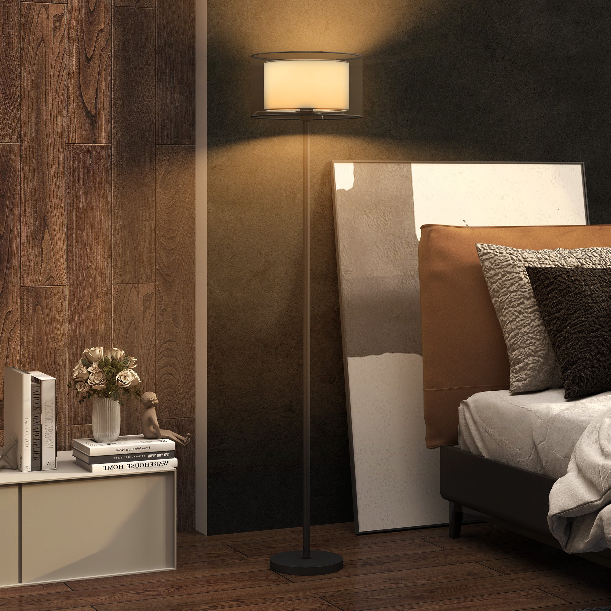 HOMCOM Floor Lamp for Living Room, Modern Standing Lamp with Double Layer Shade & Foot Switch, Minimalist Tall Pole Lampshade for Bedroom, Office, Black - North Peak Garden Furniture
