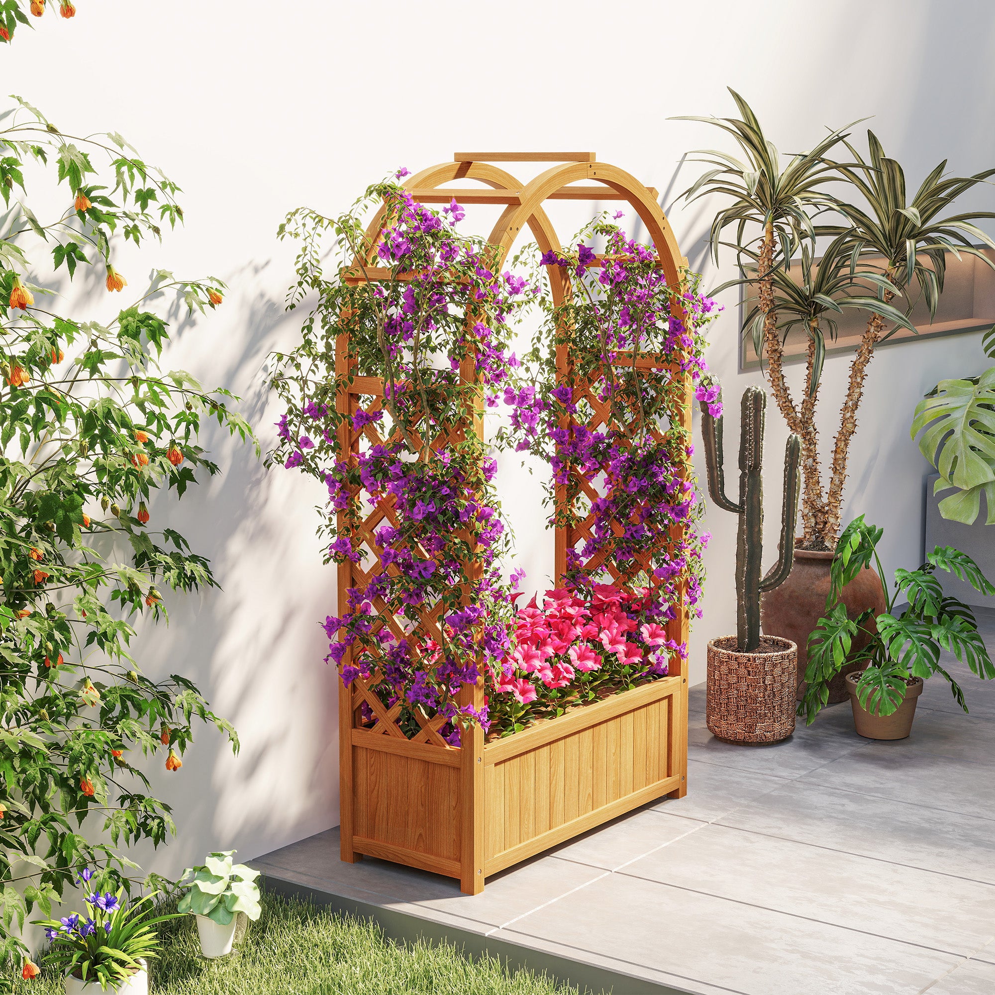 Outsunny Wooden Raised Garden Bed with Trellis, Liner, Drainage Holes, for Vine Climbing Plants, Flowers, 83 x 36 x 145 cm - North Peak Garden Furniture