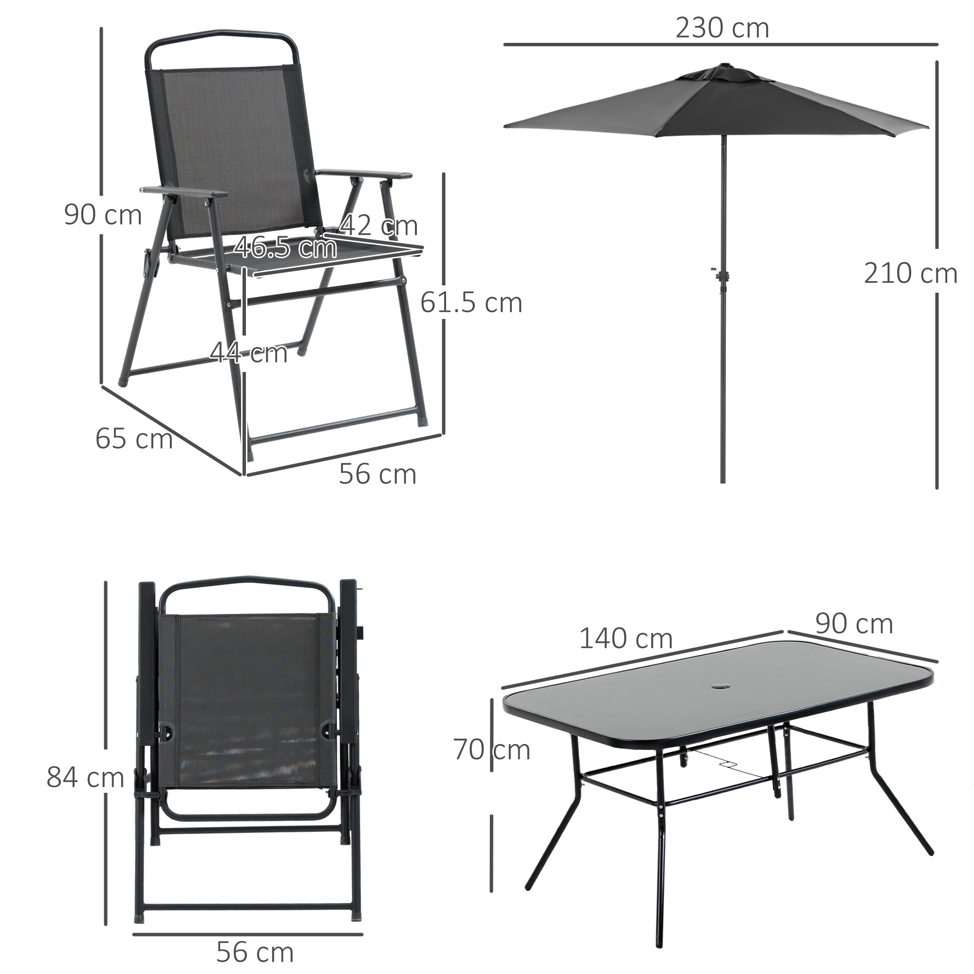 Outsunny Eight-Piece Garden Dining Set, with Chairs, Table and Parasol - Black