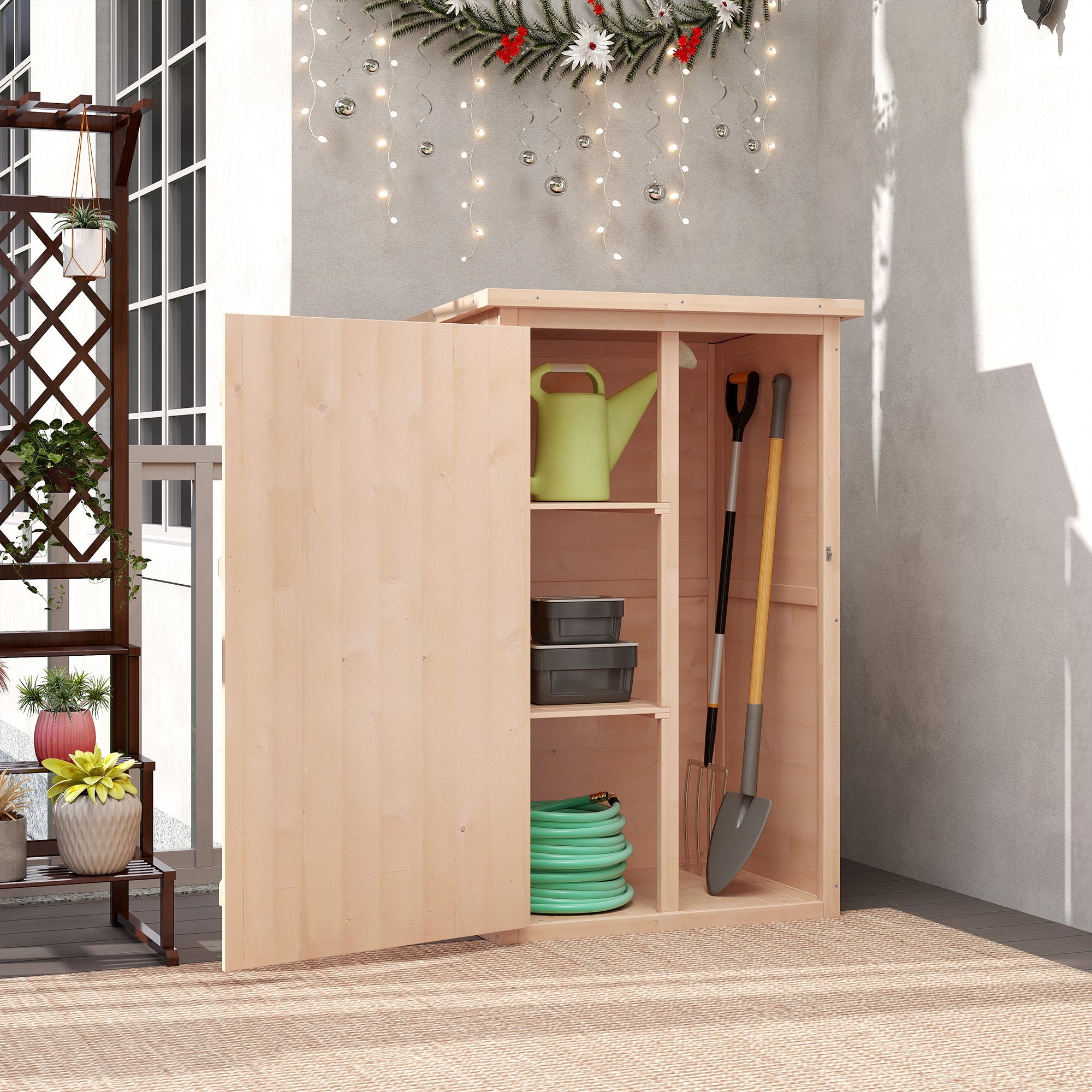 Outsunny Garden Shed Wooden Garden Storage Shed Fir Wood Tool Cabinet Organiser with Shelves 75L x 56W x115Hcm Natural
