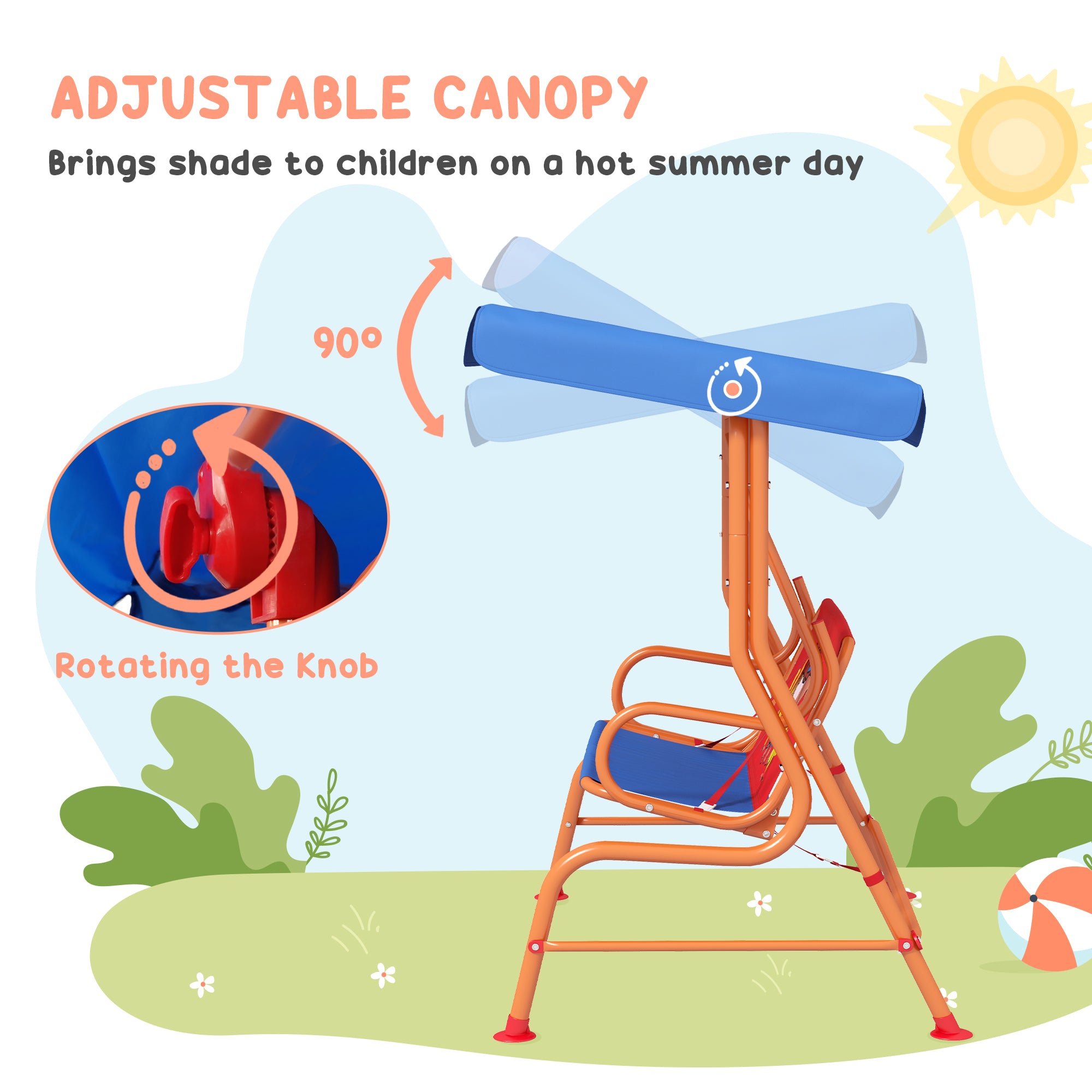 Outsunny Two Seater Kids Garden Swing, Cowboy Themed kids Swing Chair with Adjustable Canopy, Safety Belts for Outdoor Use - North Peak Garden Furniture