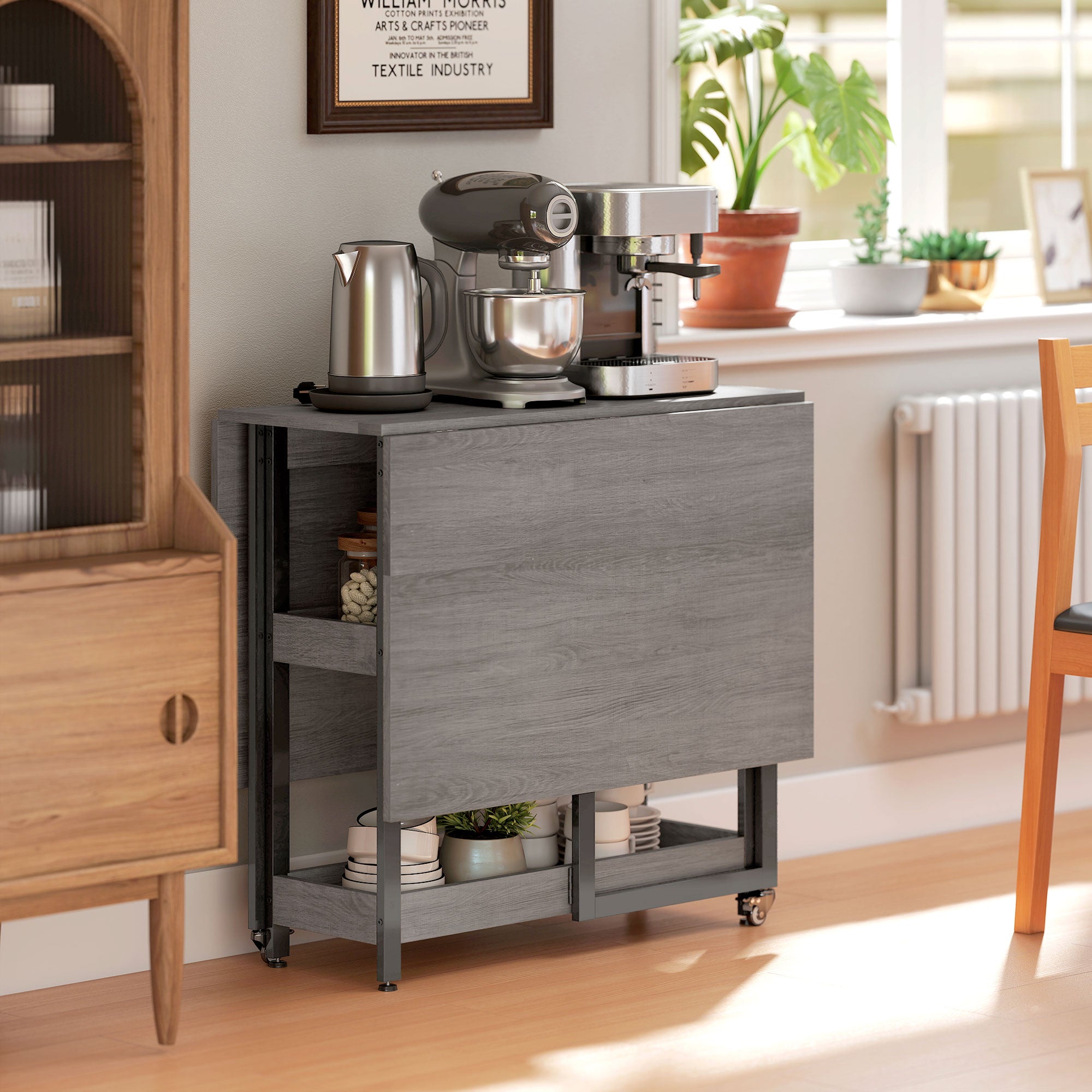 HOMCOM Industrial Folding Dining Table, Drop Leaf Table with Open Compartments for Small Spaces, Kitchen, Dining Room, Grey - North Peak Garden Furniture