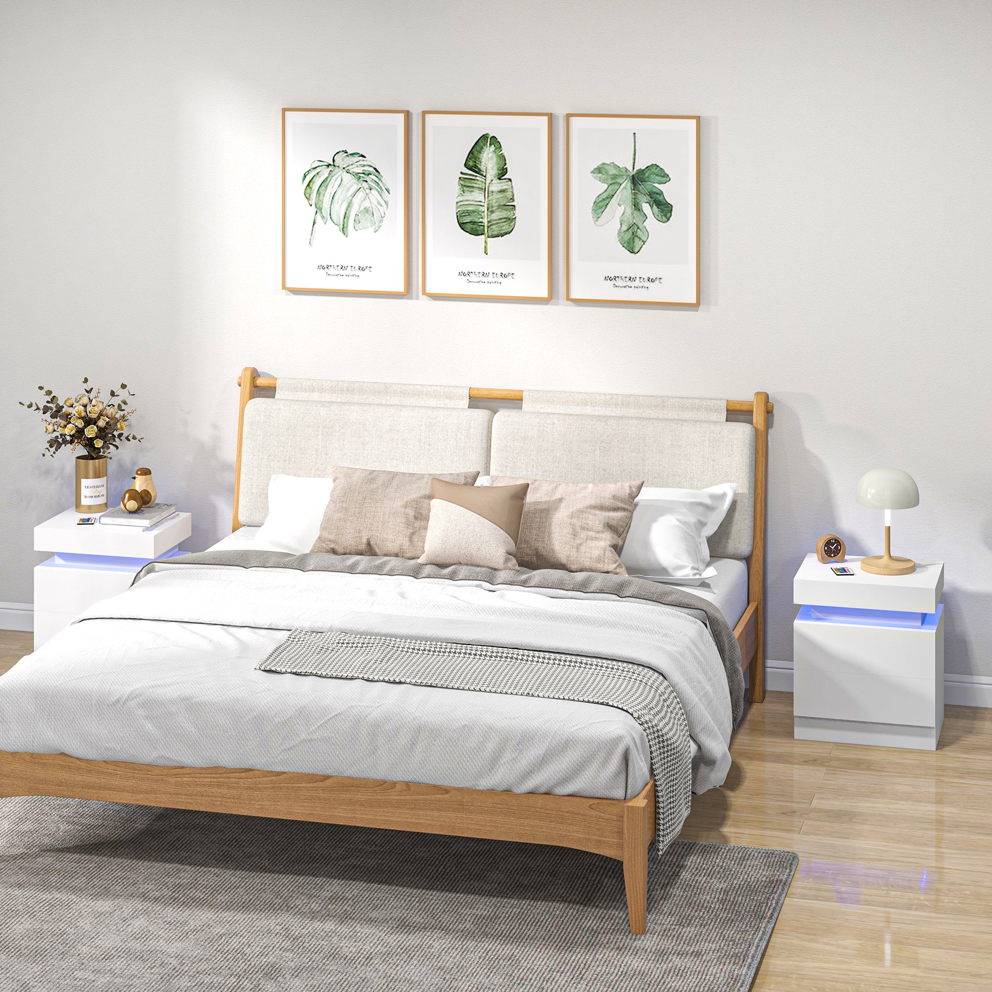 HOMCOM White Bedside Table with LED Light, High Gloss Front Nightstand with 2 Drawers, for Living Room, Bedroom - North Peak Garden Furniture