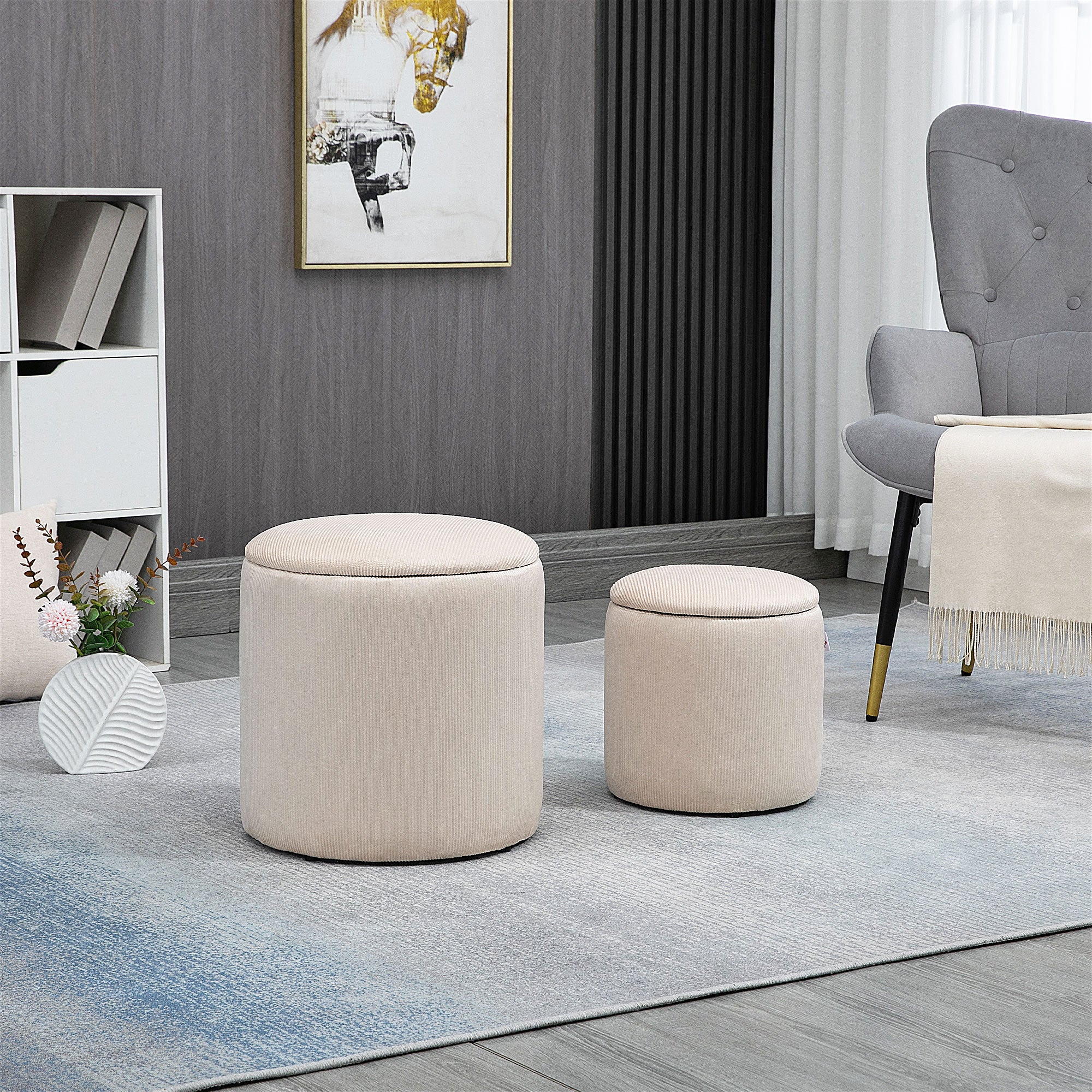 HOMCOM Modern Storage Ottoman with Removable Lid, Fabric Storage Stool, Foot Stool, Dressing Table Stool, Set of 2, Cream White