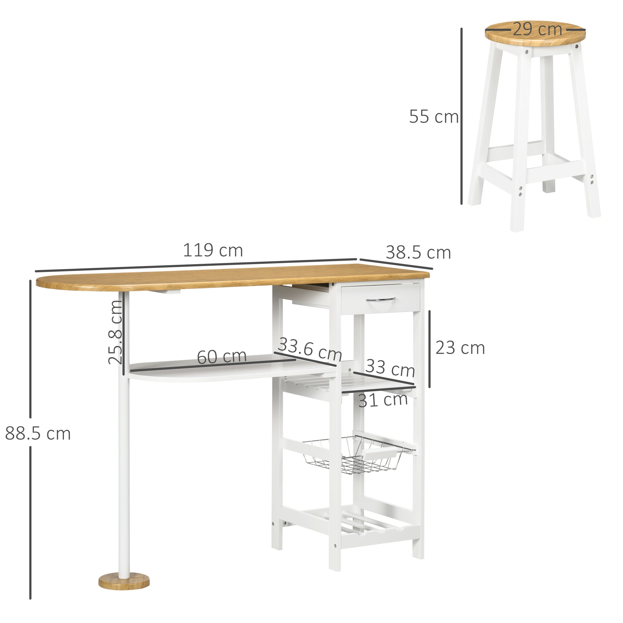 HOMCOM 3 Piece Bar Table Set, Breakfast Bar table and Stools with Storage Shelf, Drawer, Wire Basket and Wine Rack for Kitchen, Home Bar, Natural and White - North Peak Garden Furniture