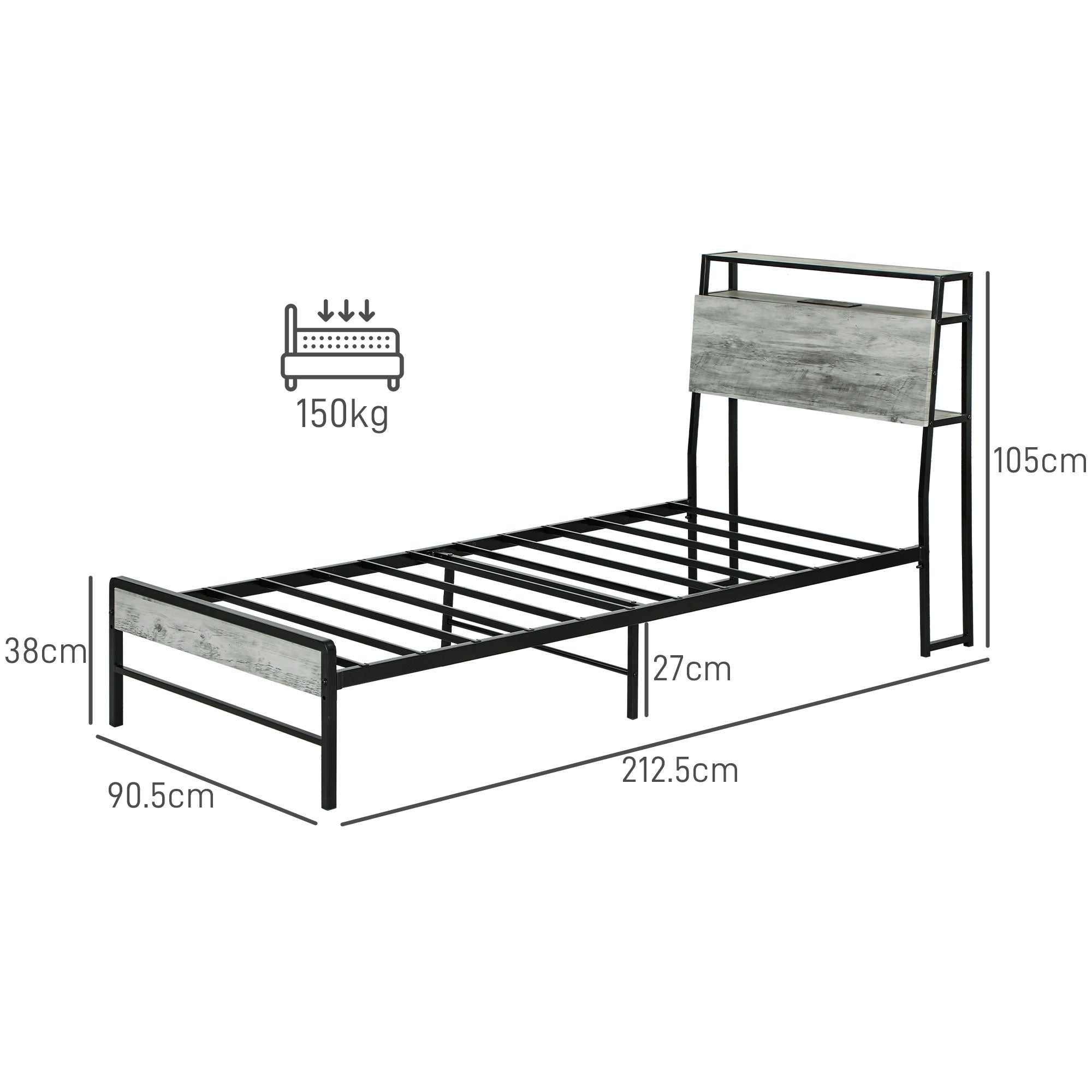 HOMCOM Single Steel Bed Frame, with LED Lights and Headboard Shelf - Grey