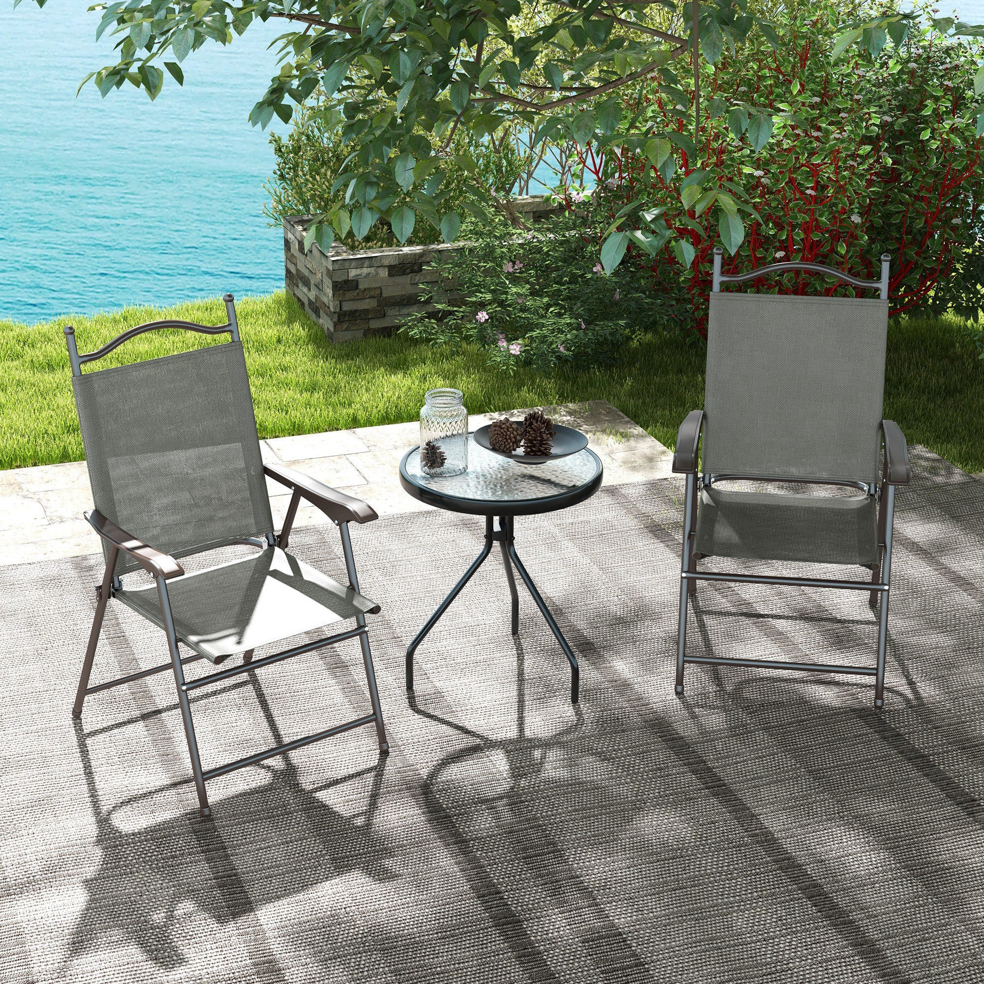 Outsunny Set of Two Folding Garden Chairs, with Fabric Mesh Seats - Dark Grey - North Peak Garden Furniture