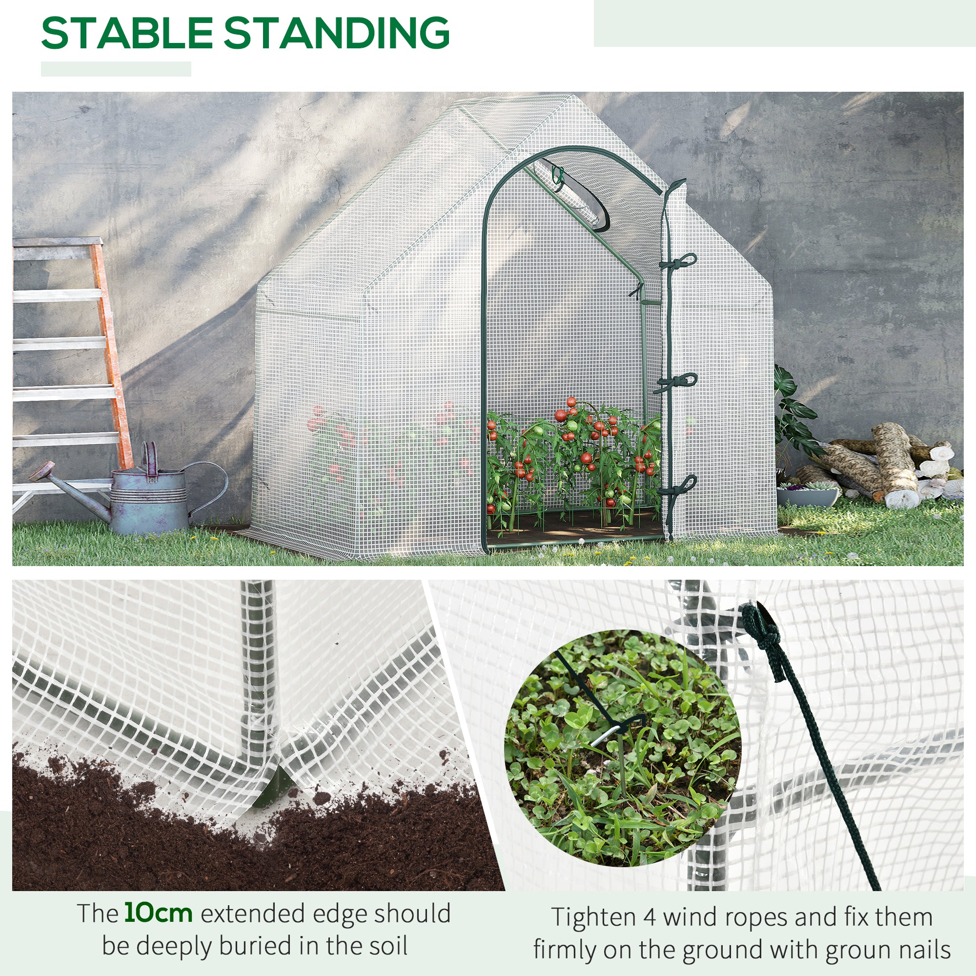 Outsunny Walk-In Greenhouse with Window Roll-Up Door, Portable Garden Grow House with Steel Frame for Vegetable Plant Herb, 180 x 100 x 168cm, White - North Peak Garden Furniture