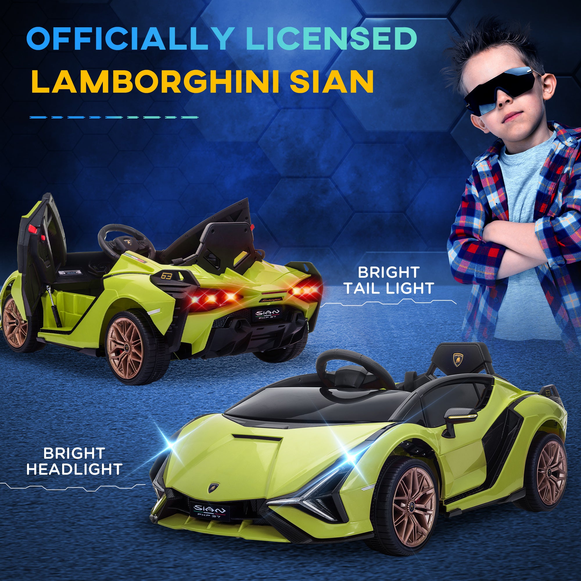 HOMCOM Lamborghini Sian Licensed 12V Kids Electric Ride On Car 2 Motors Toy Car with Remote Control Music Lights MP3 for 3-5 Years Green - North Peak Garden Furniture