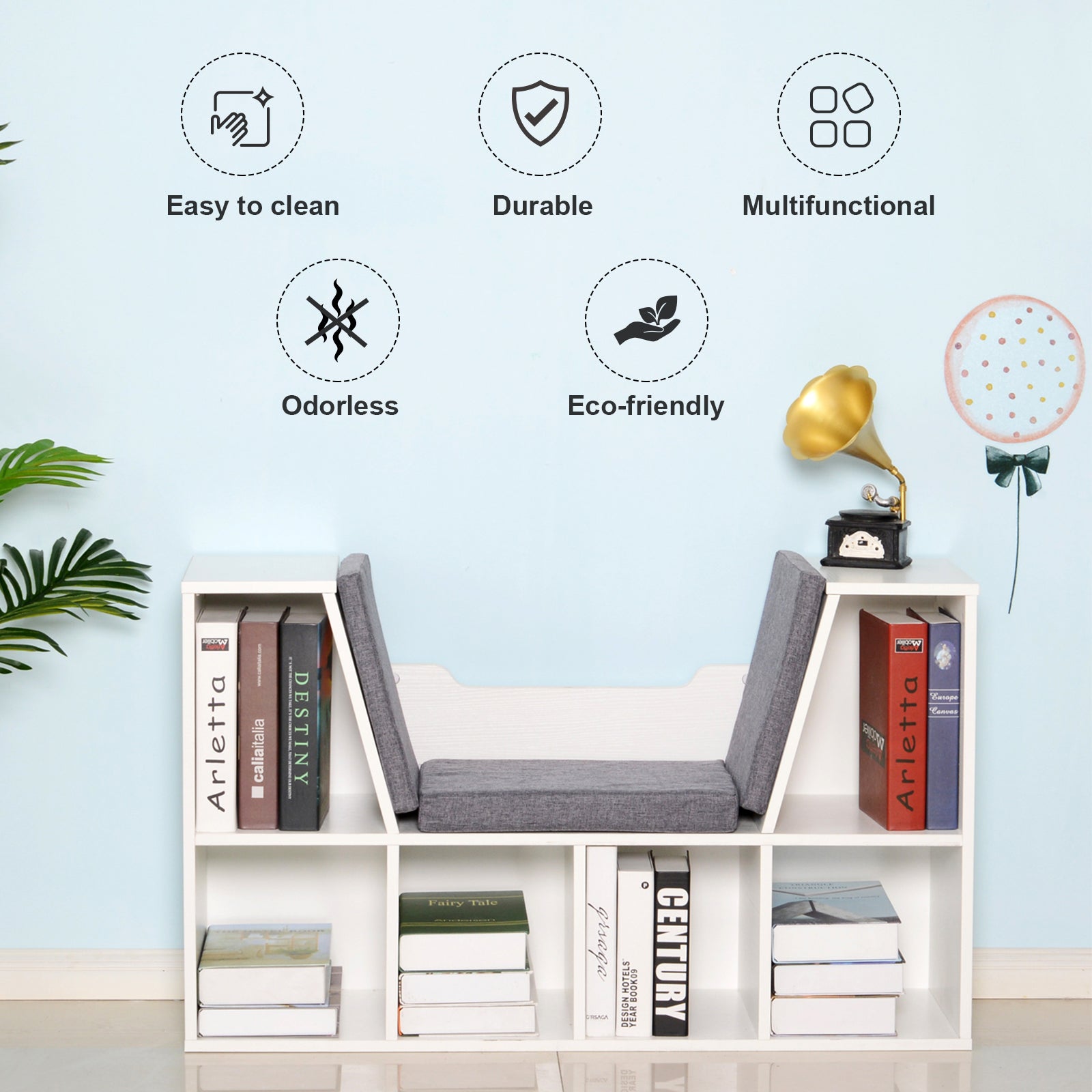 HOMCOM Bookcase Storage Shelf with Cushioned Reading Seat, Cube Bookshelf Organizer for Bedroom Living Room, White - North Peak Garden Furniture