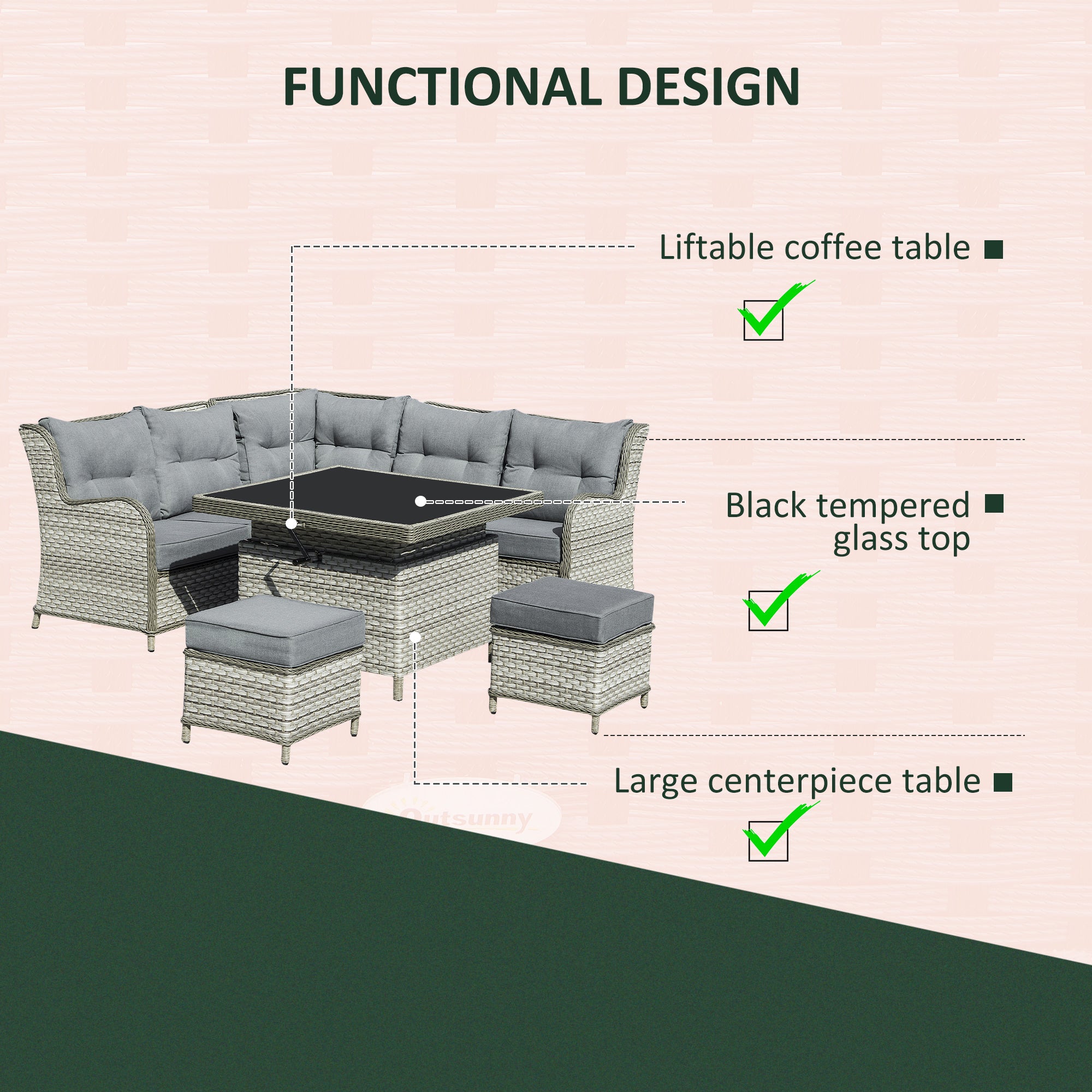 Outsunny 7-Seater Patio PE Rattan Corner Sofa w/ Adjustable Convertible Rising Table, Wicker Sectional Furniture w/ Cushions, Grey | Aosom UK