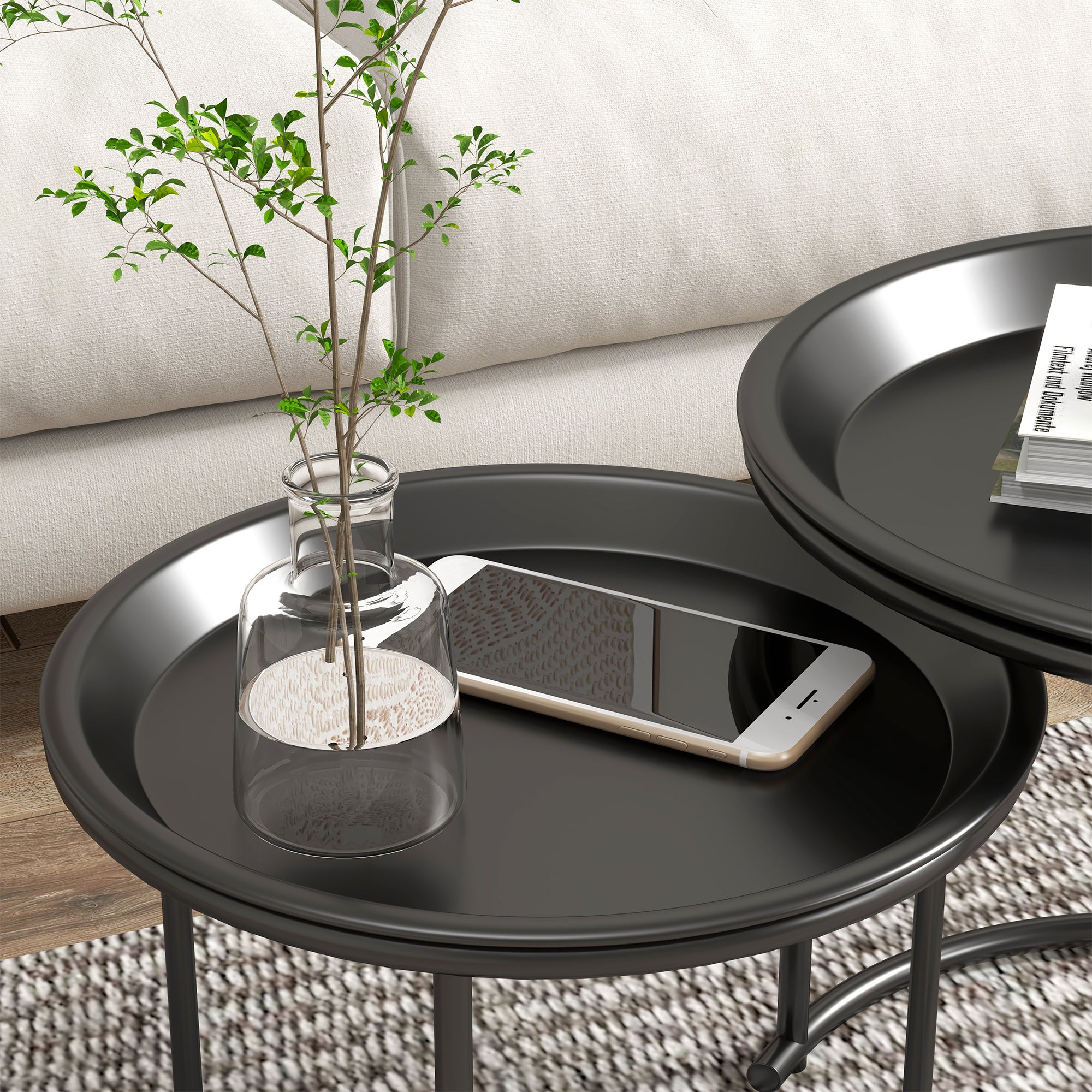 HOMCOM Nesting Tables Set of 2, Side End Table with Removable Tabletop Tray and Steel Frame for Living Room, Bedroom, White - North Peak Garden Furniture