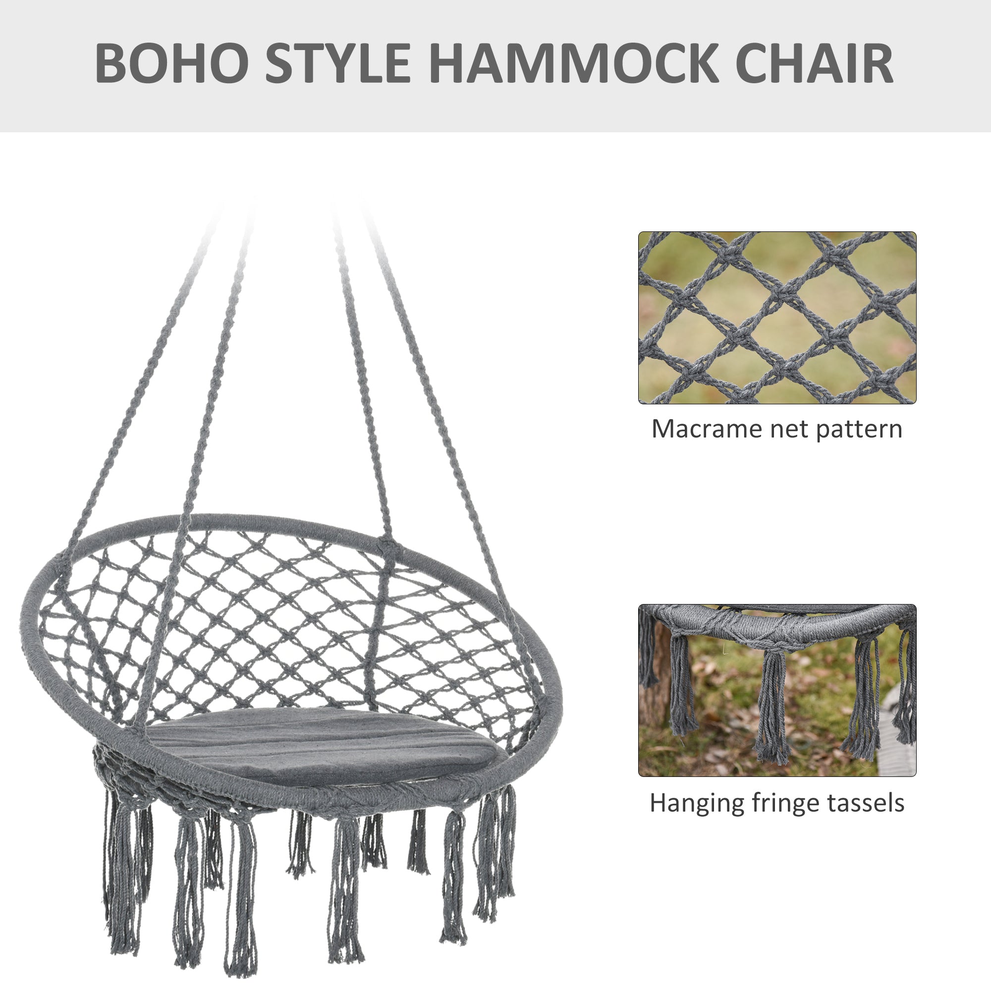 Outsunny Outdoor Cotton-Polyester Blend Macrame Hanging Rope Chair with Cushion, Portable Garden Chair with Fringe Tassels for Patio, Deck, Tree, Grey - North Peak Garden Furniture