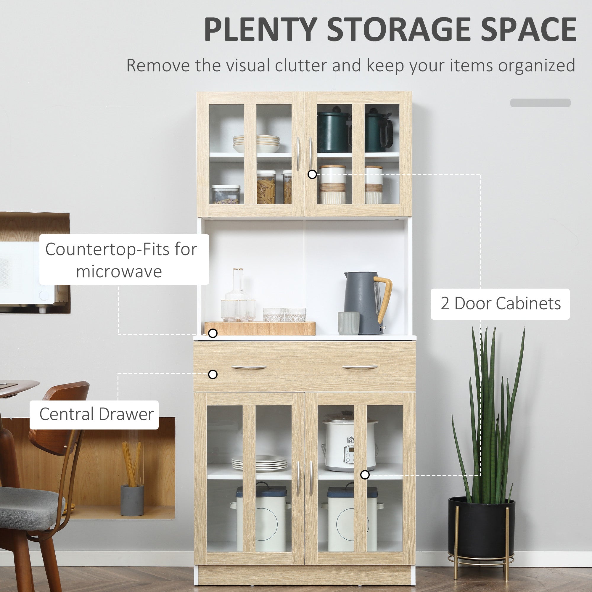 HOMCOM Modern Kitchen Cupboard, Freestanding Storage Cabinet Hutch with Central Drawer, 2 Glass Door Cabinets and Countertop, 180cm - North Peak Garden Furniture