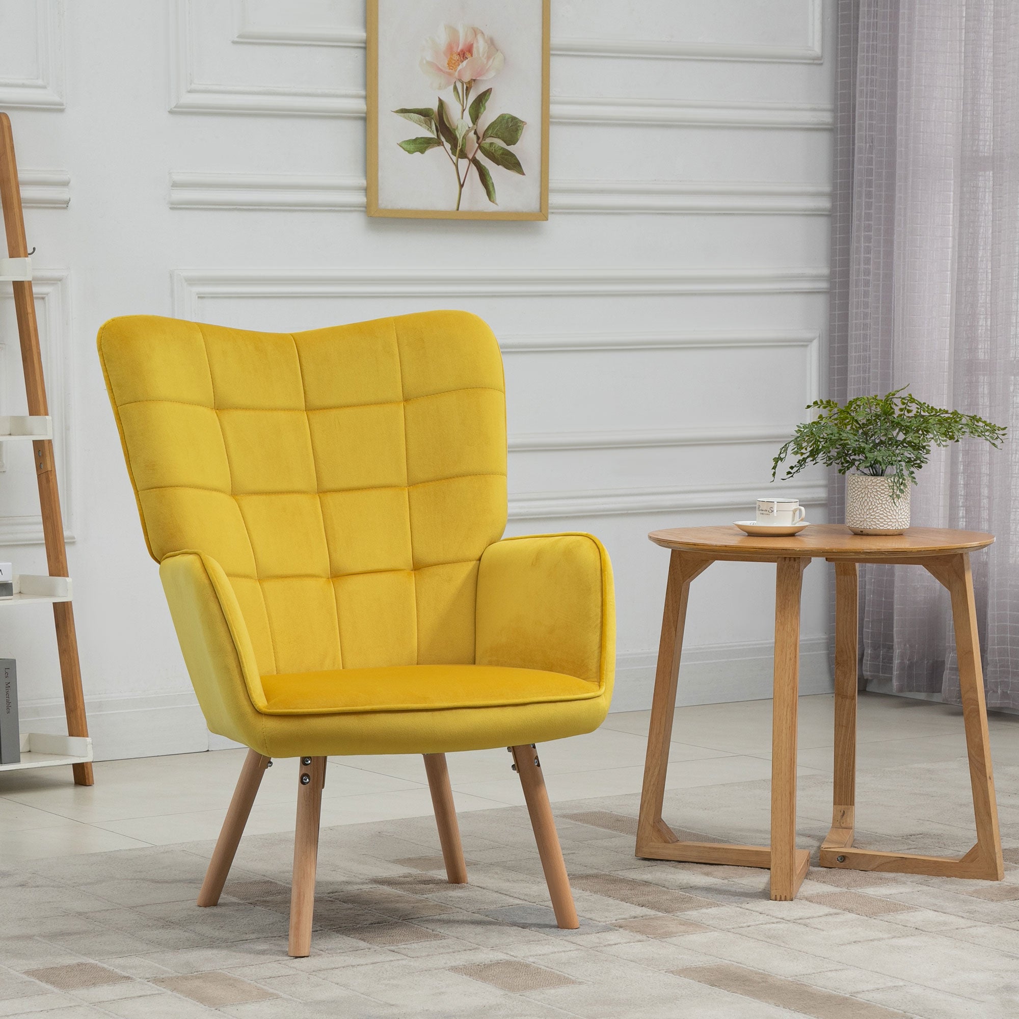 HOMCOM Modern Accent Chair Velvet-Touch Tufted Wingback Armchair Upholstered Leisure Lounge Sofa Club Chair with Wood Legs, Yellow - North Peak Garden Furniture
