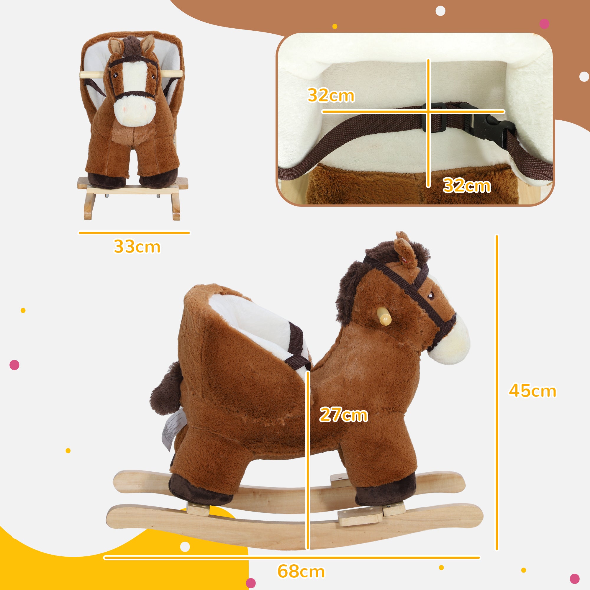AIYAPLAY Kids Rocking Horse, Plush Ride on Horse, with Sound, Wood Base, for Ages 18-36 Months, Brown - North Peak Garden Furniture