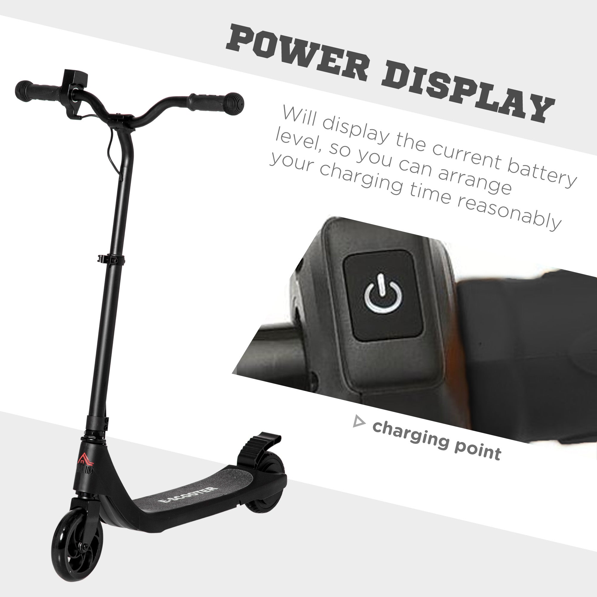 HOMCOM Electric Scooter, 120W Motor E-Scooter with Battery Display, Adjustable Height, Rear Brake for Ages 6+ Years - Black - North Peak Garden Furniture