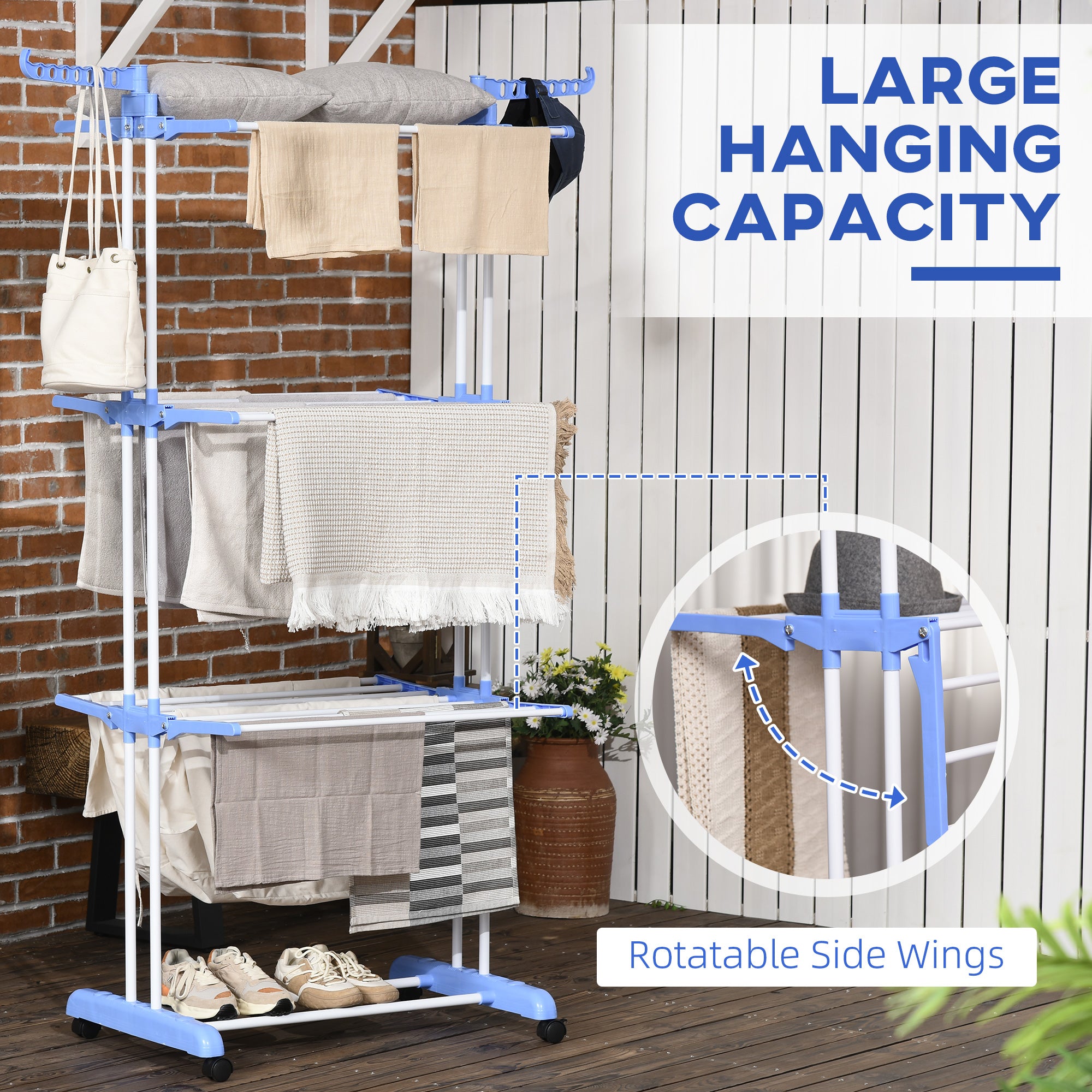 HOMCOM Foldable Clothes Drying Rack, 4-Tier Steel Garment Laundry Rack with Castors for Indoor and Outdoor Use, Blue - North Peak Garden Furniture