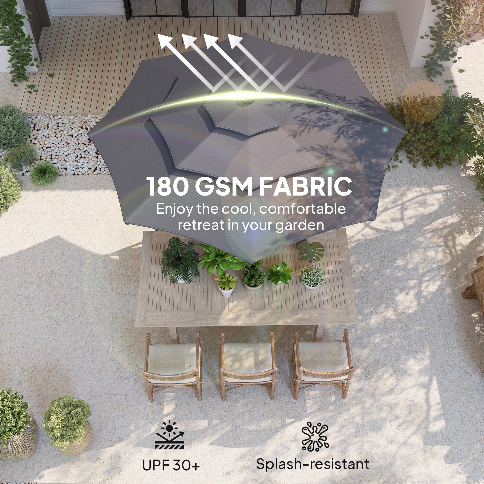 Outsunny 3-Tier Garden Parasol with Solar LED Lights, UPF 30+, Tilt Mechanism & Crank Handle, for Market Terrace, Dark Grey - North Peak Garden Furniture