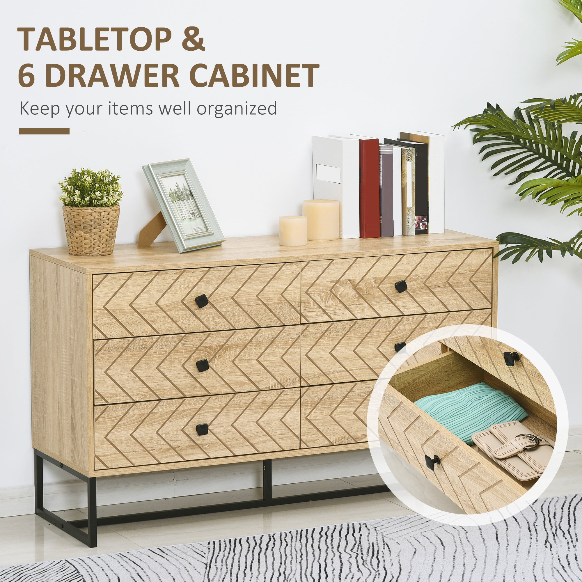 HOMCOM Bedroom Chest of Drawers, 6 Drawer Dresser, Sideboard Cabinet with Zigzag Design and Metal Base, Storage Drawer Unit, 120x71cm, Natural - North Peak Garden Furniture