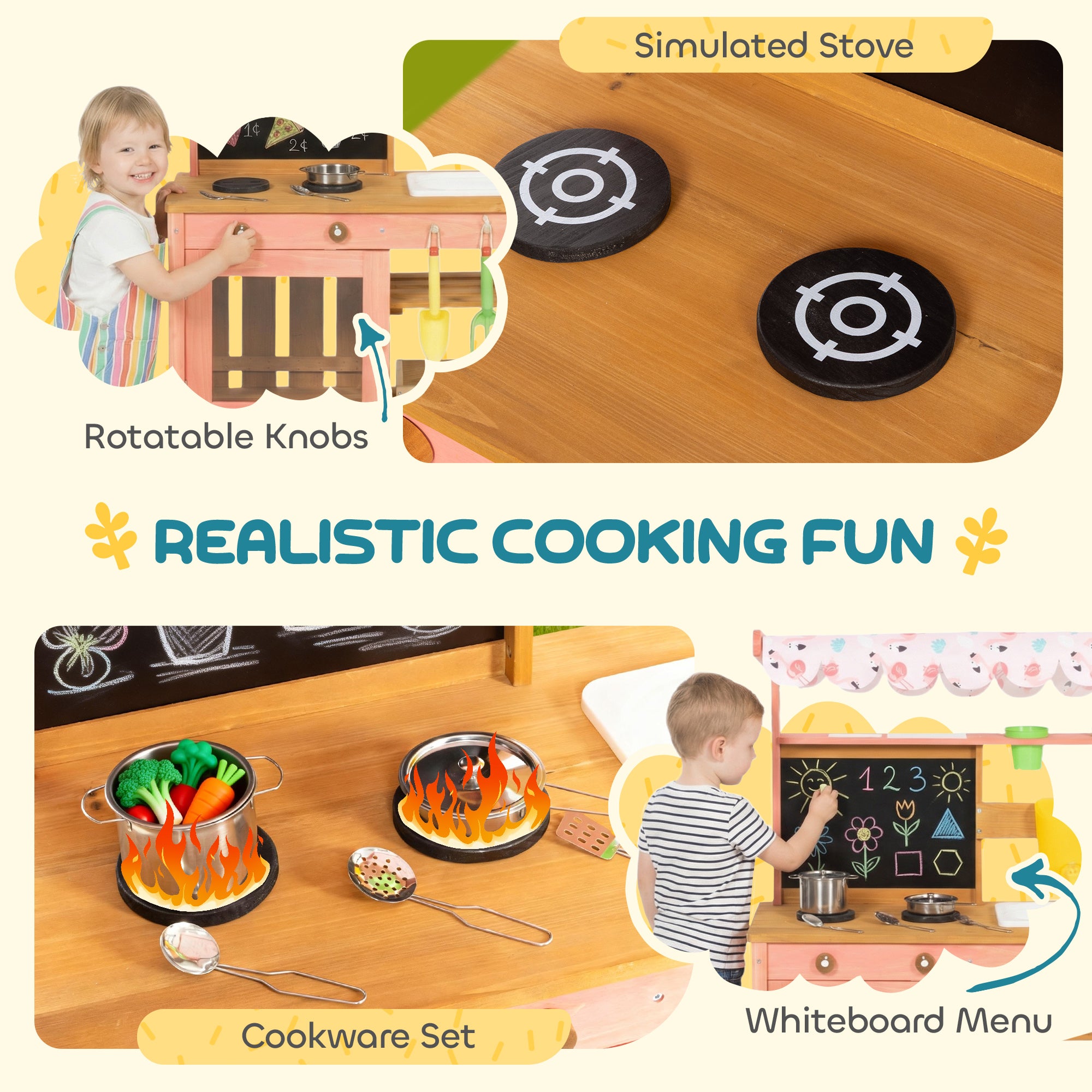 AIYAPLAY Kids Mud Kitchen with Canopy, Outdoor Wooden Play Kitchen with Planter Box, Accessories for Age 3-6, Pink