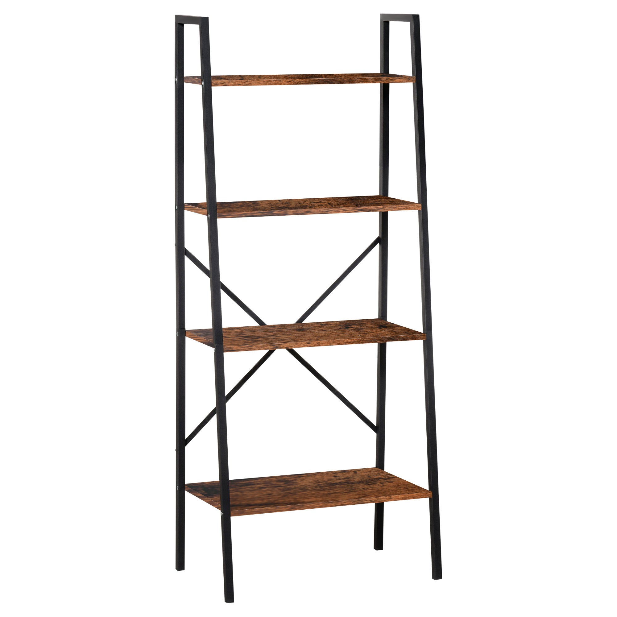 HOMCOM 4-Tier Vintage Ladder Shelf Bookcase Wood Storage Rack Stand Plants Display Black Brown - North Peak Garden Furniture