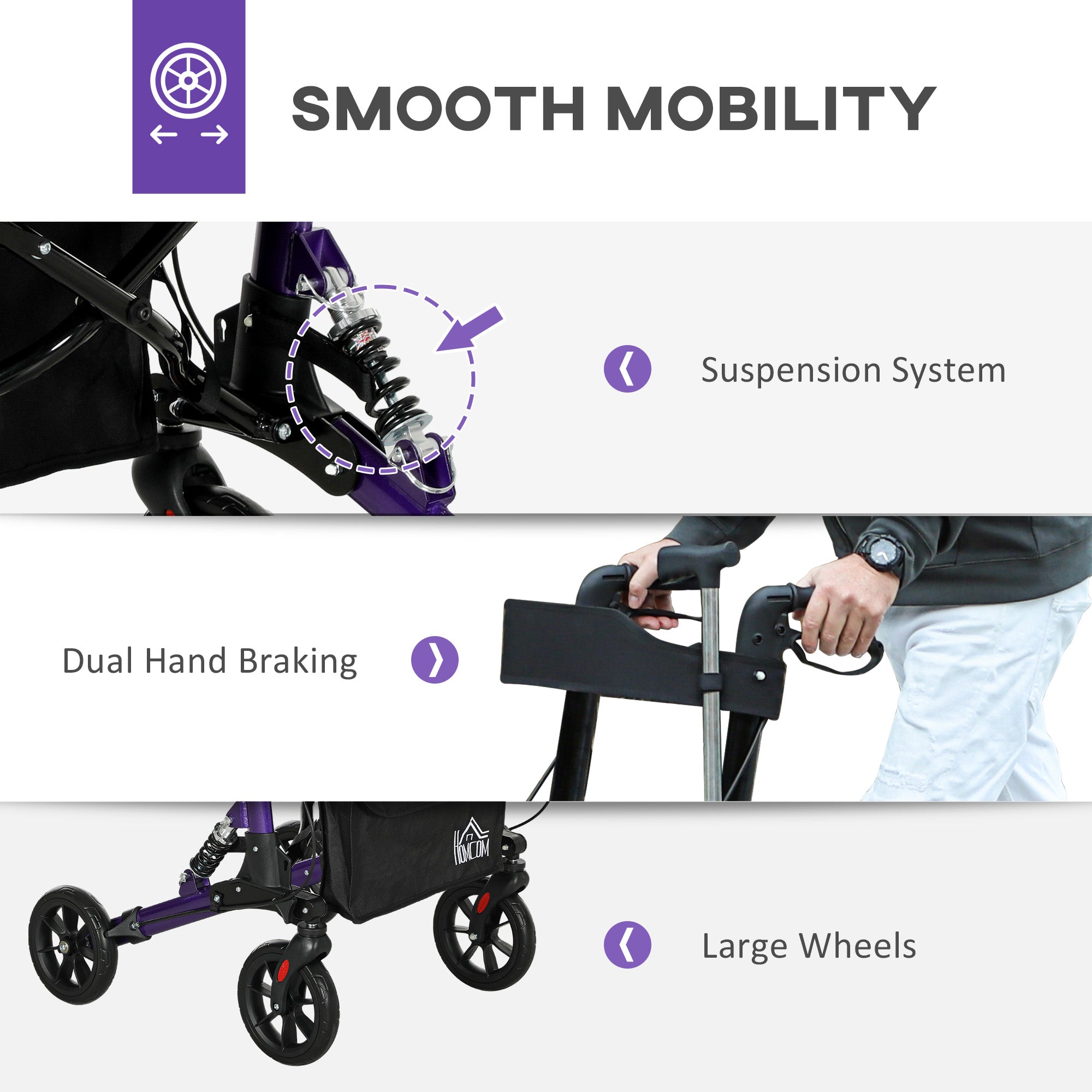 HOMCOM Folding Rollator Walker with Seat, Backrest, Lightweight Walking Frame with Storage Bag, Dual Brakes, Adjustable Handle Height, Suspension System, 4 Wheeled Walker for Seniors, Purple - North Peak Garden Furniture
