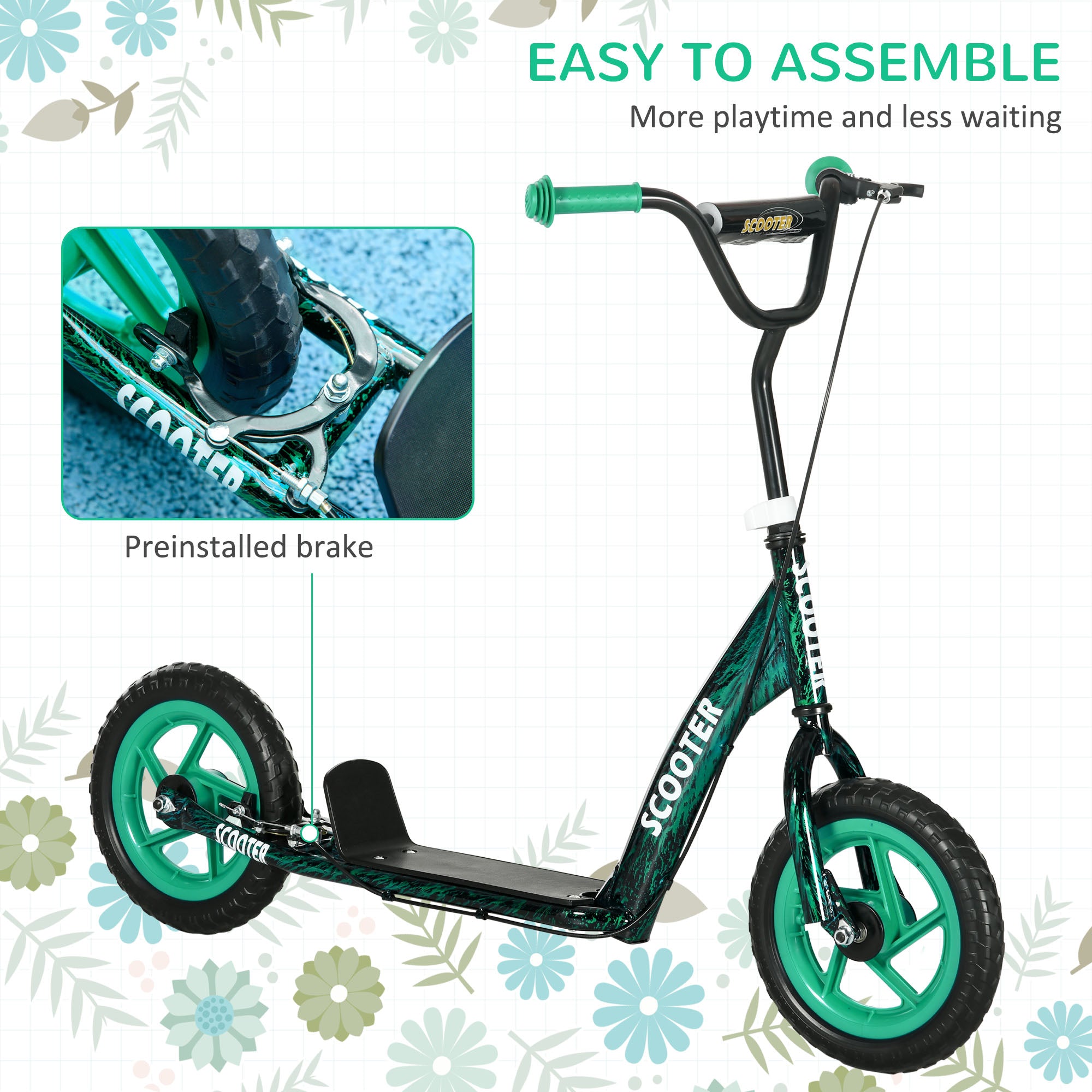 AIYAPLAY Kids Scooter with Adjustable Handlebar, Children's Kick Scooter with Non-slip Footplate, Rear Brake, Kickstand, Green - North Peak Garden Furniture