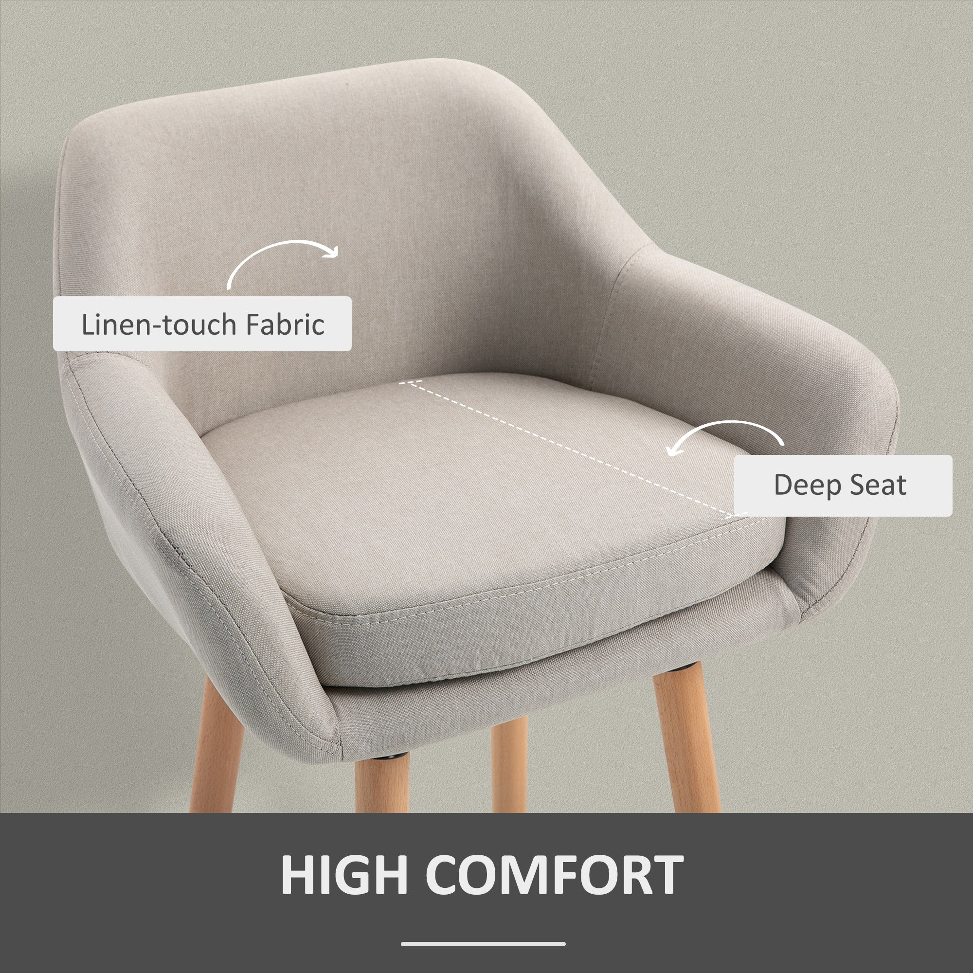 HOMCOM Set of 2 Bar Stools Modern Upholstered Seat Bar Chairs w/ Metal Frame, Solid Wood Legs Living Room Dining Room Fabric Furniture - Beige - North Peak Garden Furniture
