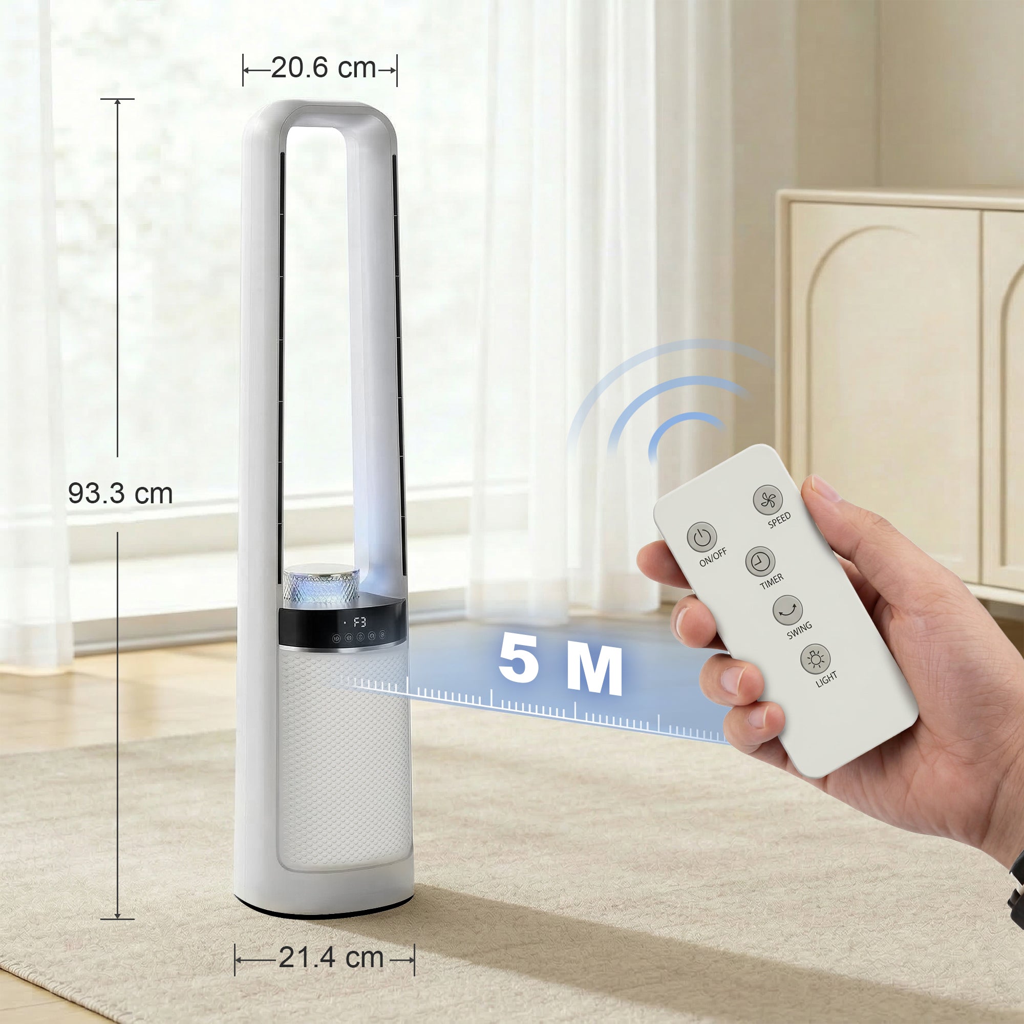 HOMCOM Bladeless Tower Fan, 36dB Standing Cooling Fan with 45° Oscillating, LED Lights, 3 Speeds, 12H Timer, Remote Control