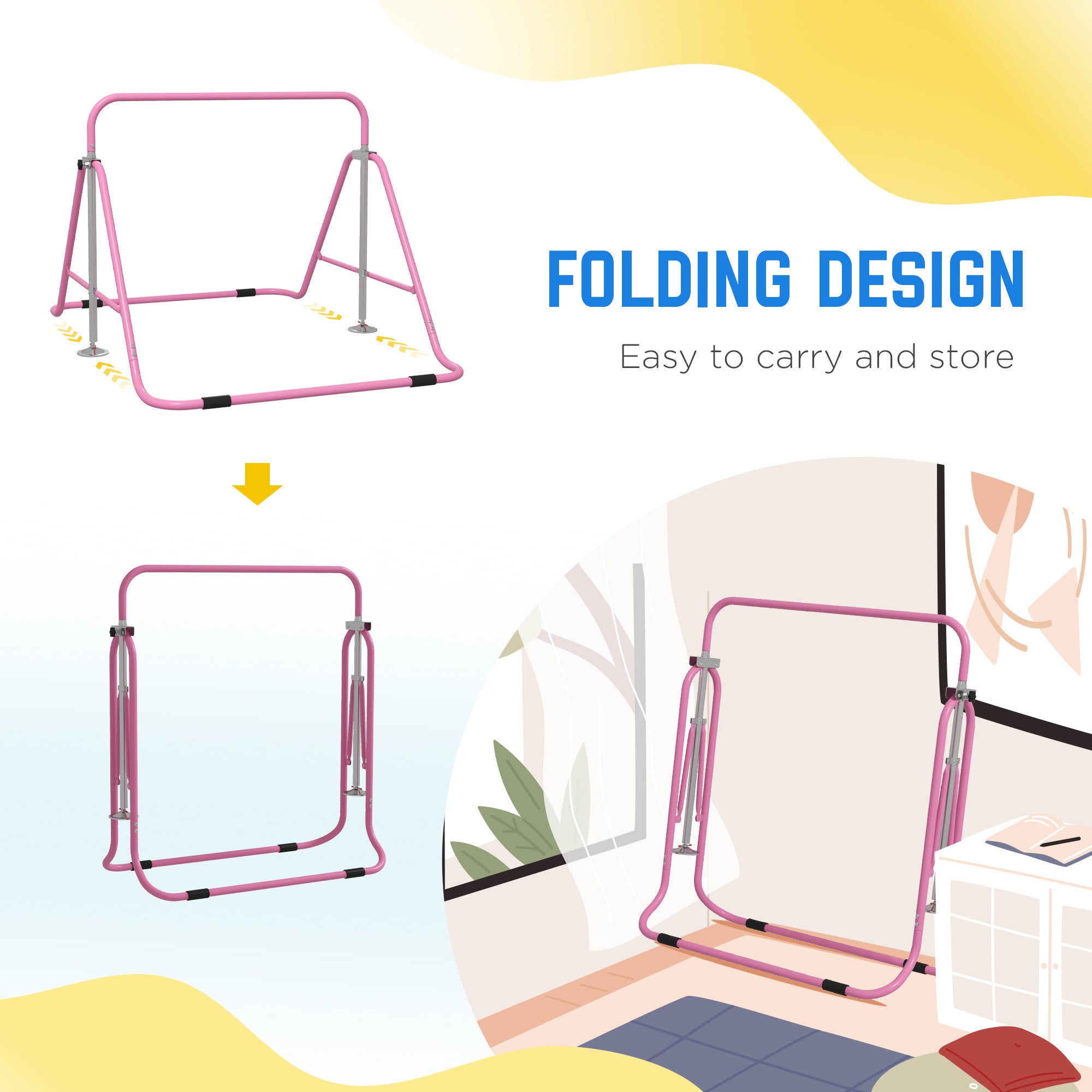 HOMCOM Kids Gymnastic Bar, with Adjustable Height, Foldable Horizontal Bars - Pink - North Peak Garden Furniture