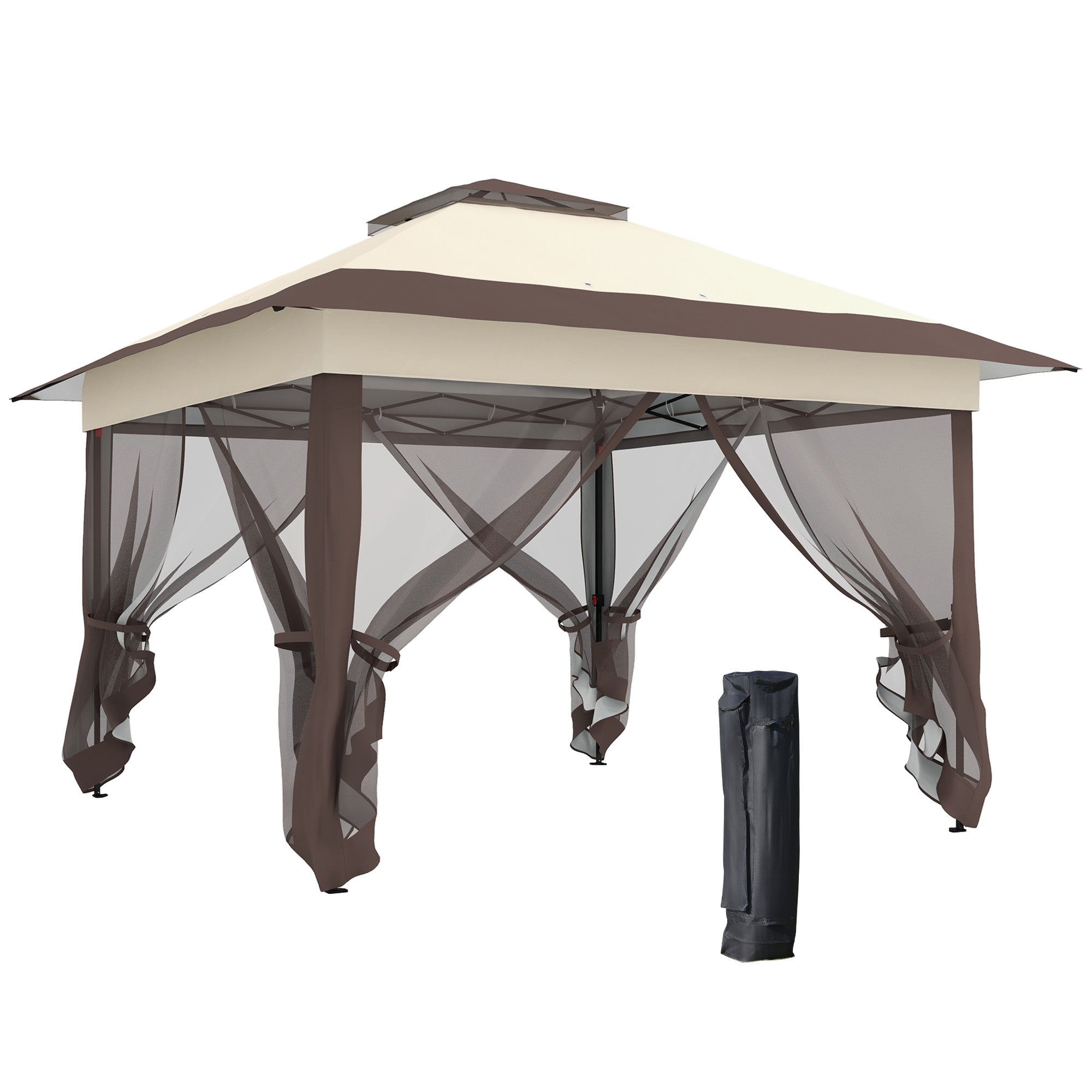 Outsunny 3.6 x 3.6 m Pop up Gazebo with Netting, Height Adjustable Party Tent Instant Canopy Sun Shade Shelter, Khaki - North Peak Garden Furniture