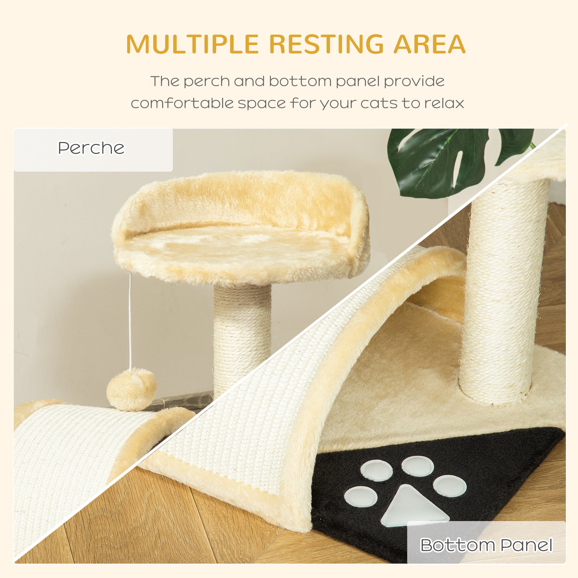 PawHut Cat Tree Scratching Scratcher Post Kitten Activity Centre Climber Hanging Ball Beige - North Peak Garden Furniture